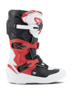 Alpinestars Youth Tech 3S støvler, motocross-støvler, hvid, sort og klar rød, sideprofil, med et lukkesystem med flere spænder, forstærket skinnebensplade og slidstærk hvid sål, junior off-road beskyttelsesudstyr