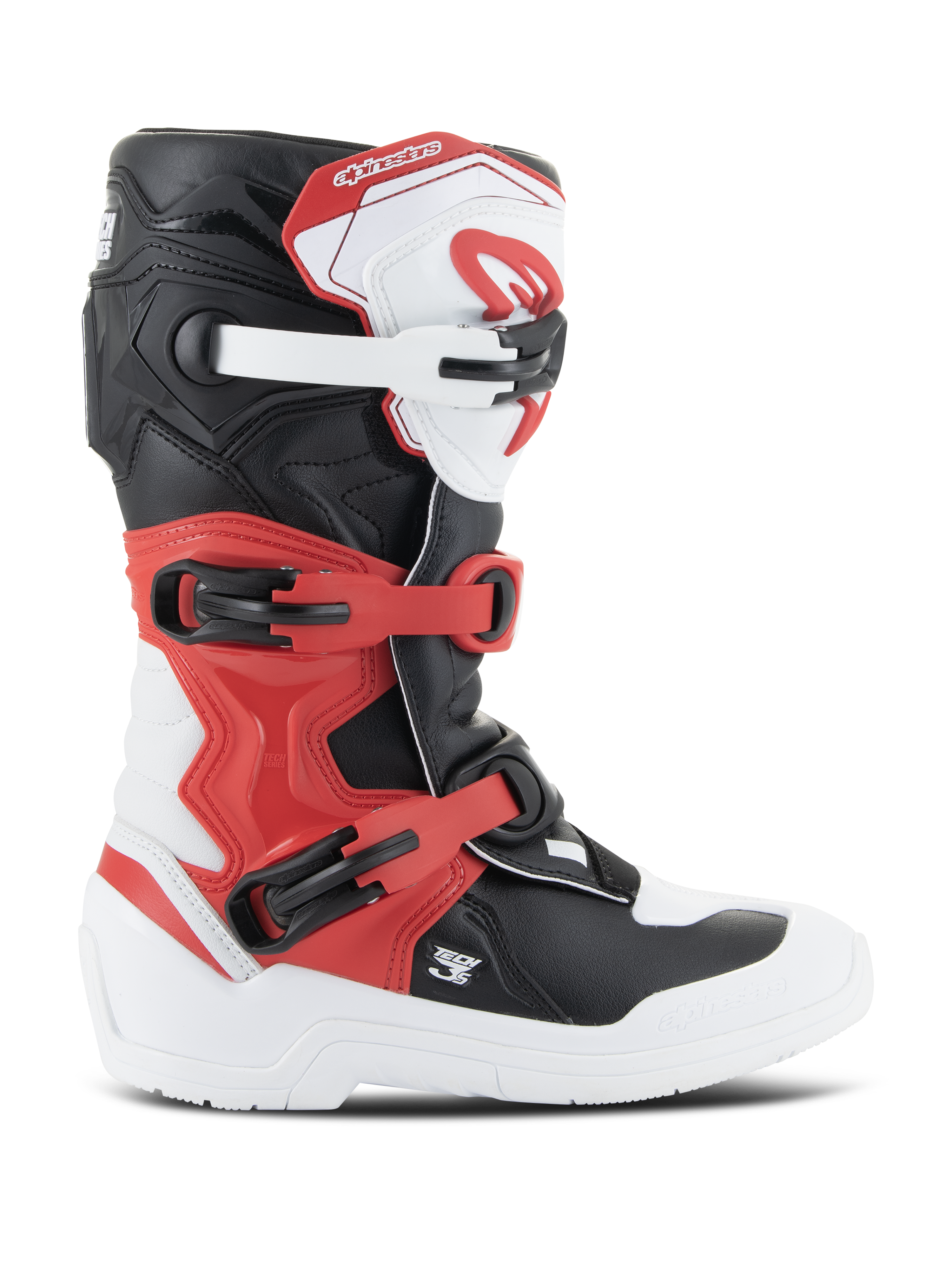 Alpinestars Youth Tech 3S støvler, motocross-støvler, hvid, sort og klar rød, sideprofil, med et lukkesystem med flere spænder, forstærket skinnebensplade og slidstærk hvid sål, junior off-road beskyttelsesudstyr