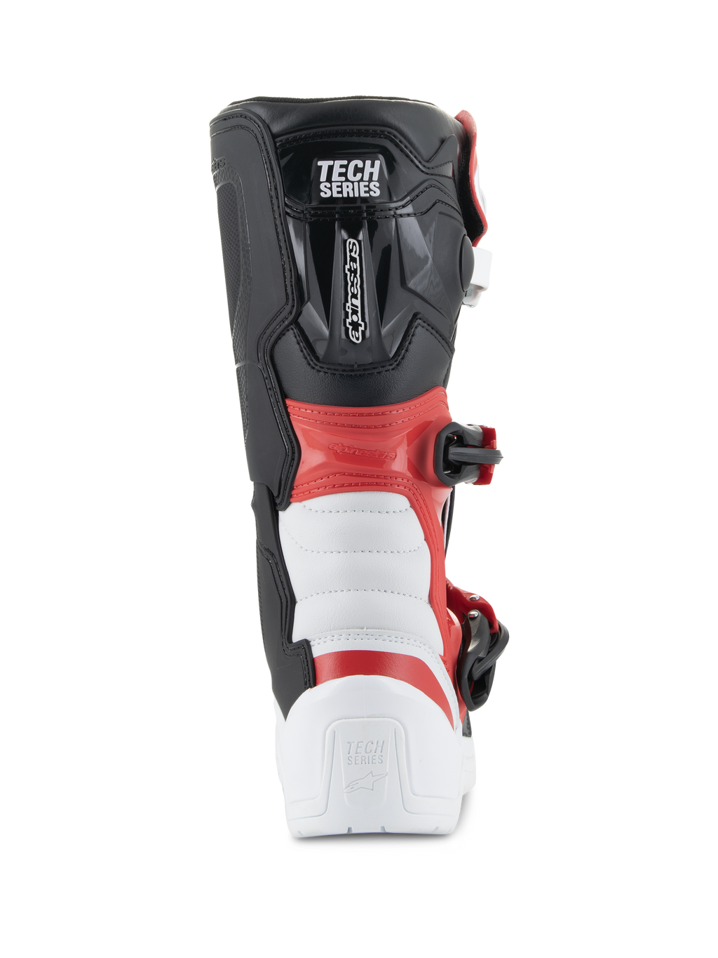 Alpinestars Youth Tech 3S-støvler, motocross-støvler, hvid, sort og klar rød, set bagfra med 'TECH SERIES'-branding, forstærket hæl- og lægbeskyttelse, holdbar mikrofiberkonstruktion til off-road kørsel