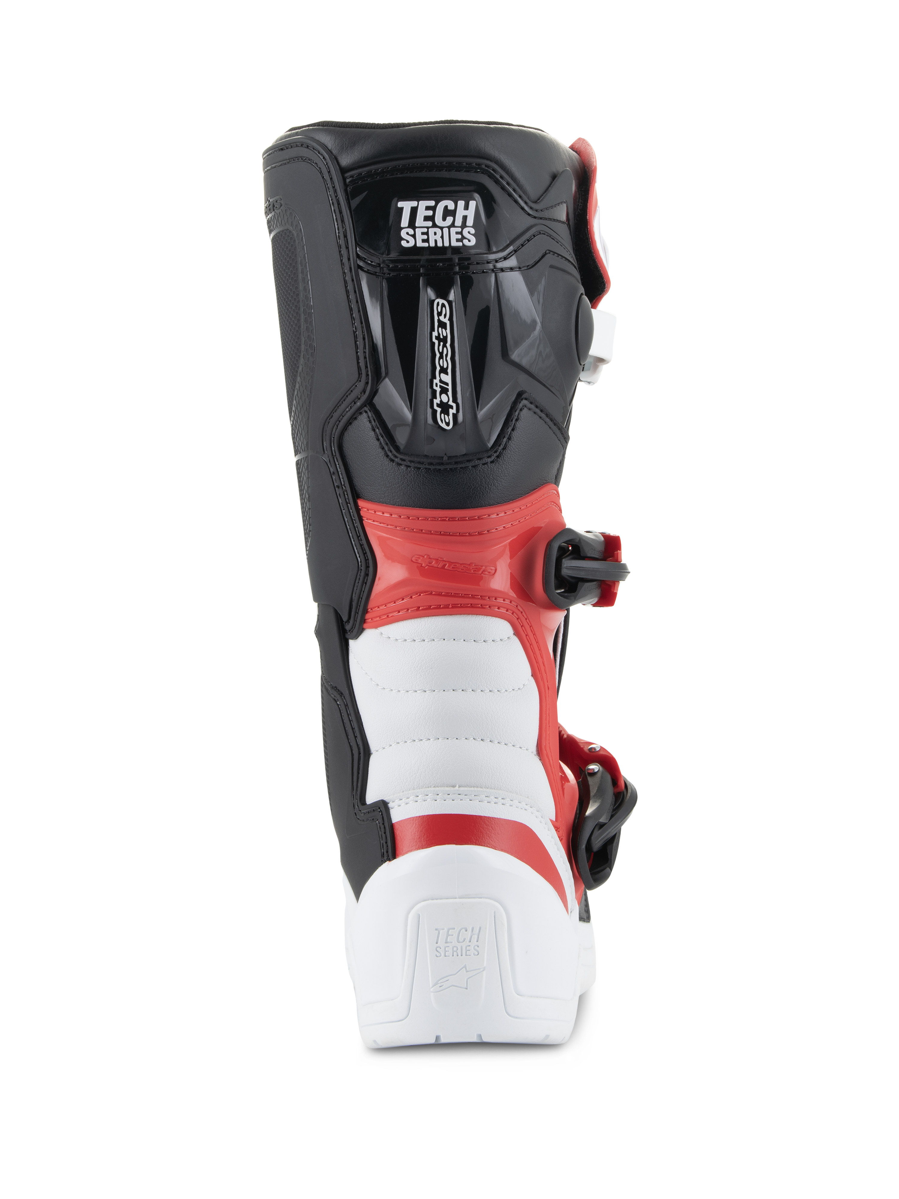 Alpinestars Youth Tech 3S-støvler, motocross-støvler, hvid, sort og klar rød, set bagfra med 'TECH SERIES'-branding, forstærket hæl- og lægbeskyttelse, holdbar mikrofiberkonstruktion til off-road kørsel