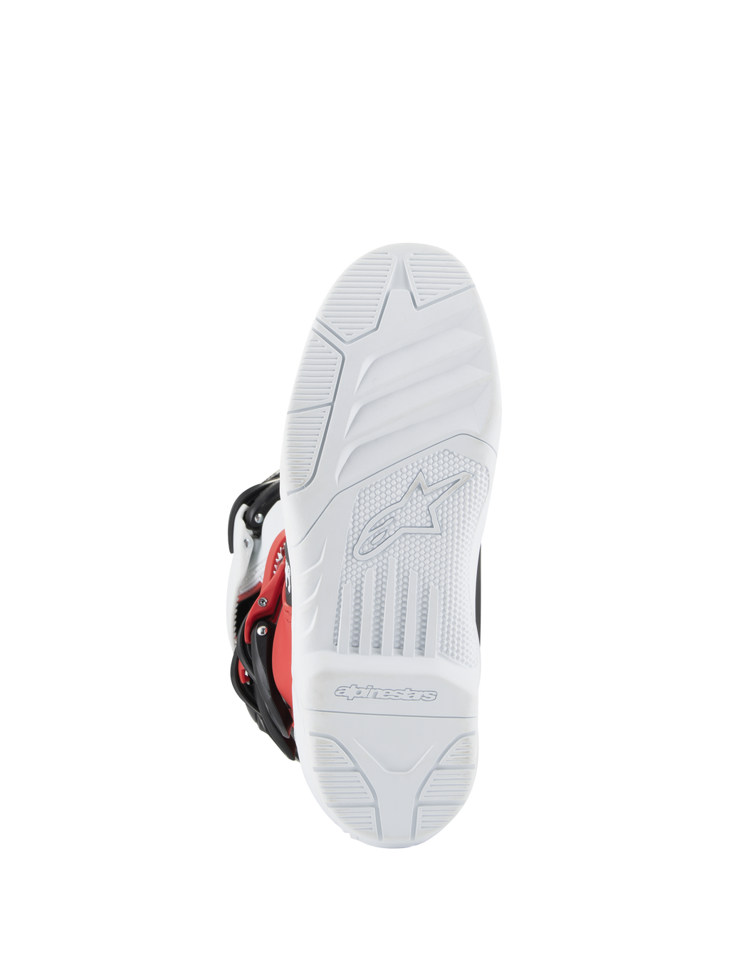 Alpinestars Youth Tech 3S-støvler, motocross-støvler, hvid, sort og stærk rød, visning af sålen med hvidt tekstureret mønster og støbt Alpinestars-logo og branding, holdbar sål til terrænkørsel
