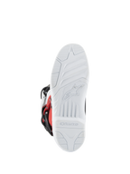Alpinestars Youth Tech 3S-støvler, motocross-støvler, hvid, sort og stærk rød, visning af sålen med hvidt tekstureret mønster og støbt Alpinestars-logo og branding, holdbar sål til terrænkørsel