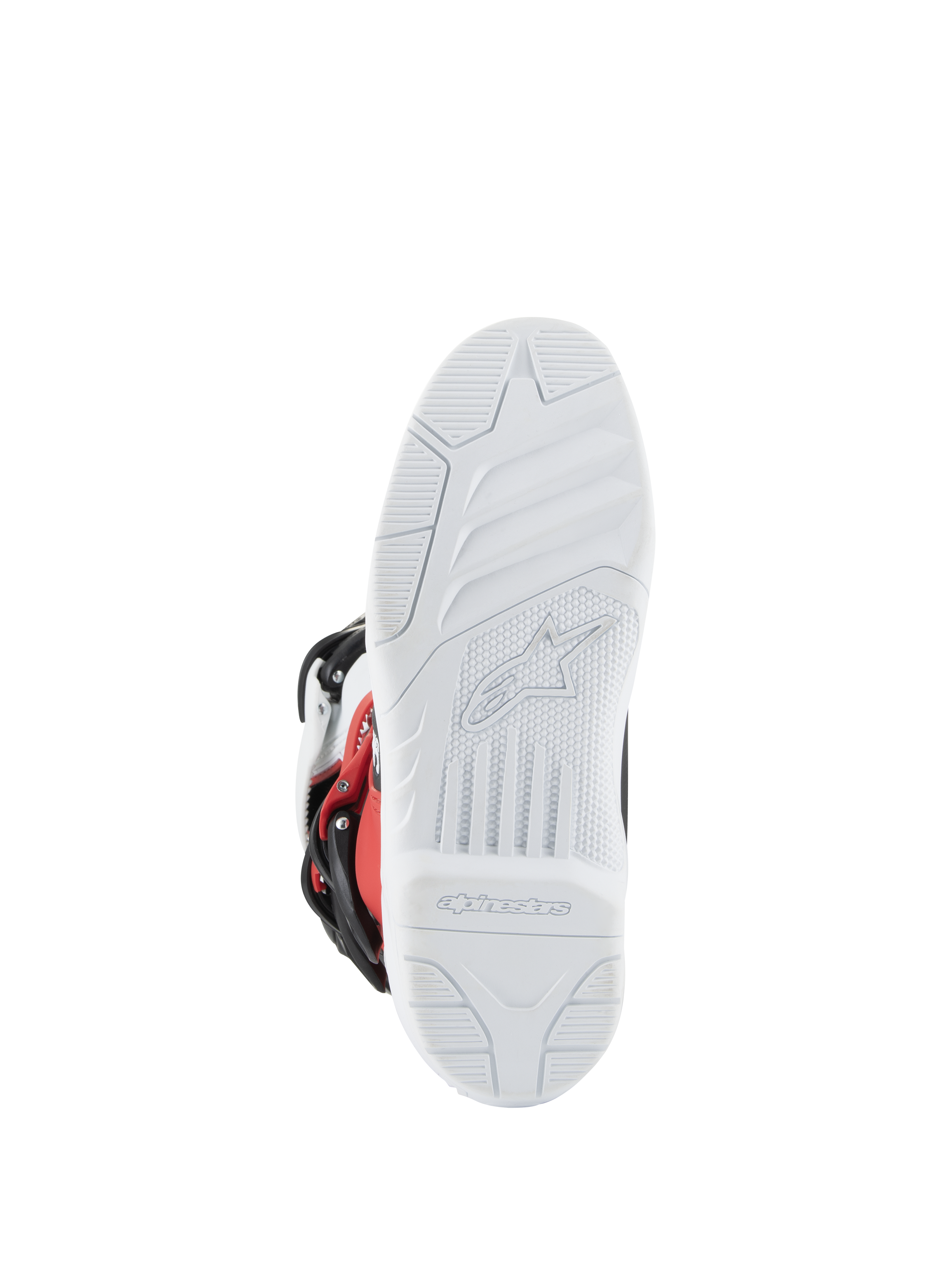 Alpinestars Youth Tech 3S-støvler, motocross-støvler, hvid, sort og stærk rød, visning af sålen med hvidt tekstureret mønster og støbt Alpinestars-logo og branding, holdbar sål til terrænkørsel