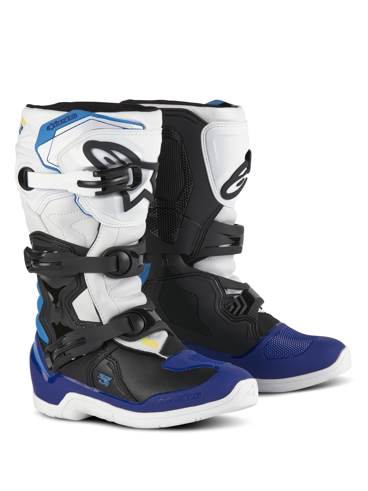 Alpinestars Youth Tech 3S støvler, motocross-støvler, hvid, sort og emaljeblå, med et lukkesystem med flere spænder, teksturerede grebszoner og hvide såler, slidstærke beskyttende motorcykelstøvler til unge ryttere