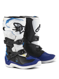 Alpinestars Youth Tech 3S Boots, Motocross Boots, White Black and Enamel Blue, featuring a multi-buckle closure system, textured grip zones, and white soles, durable protective motorcycle boots for youth riders