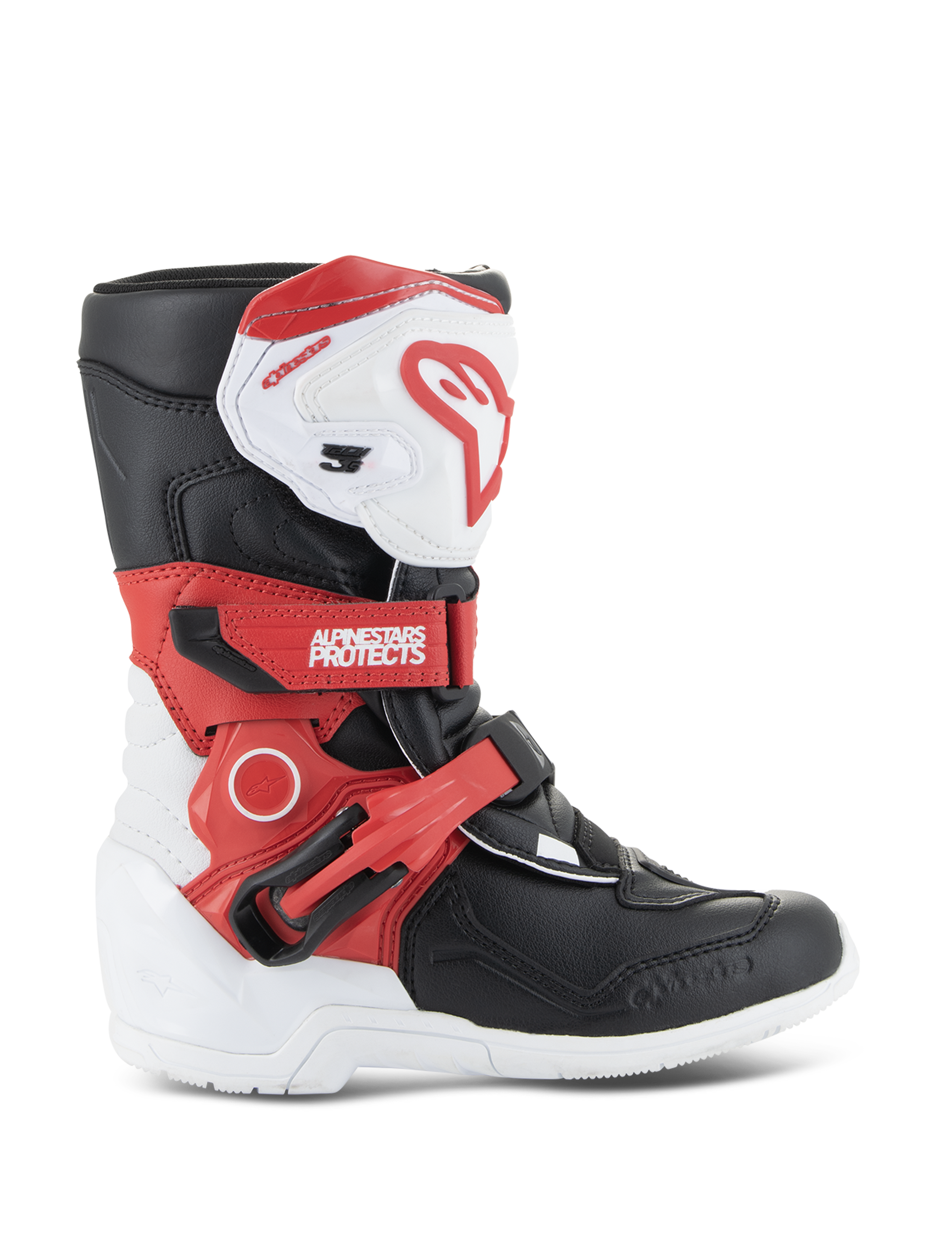 Alpinestars Kids Tech 3S støvler, motocross-støvler til børn, hvid, sort og rød, med et højt beskyttende ankeldesign, justerbare røde stropper, hvid skinnebensplade med rødt logo og en slidstærk hvid ydersål
