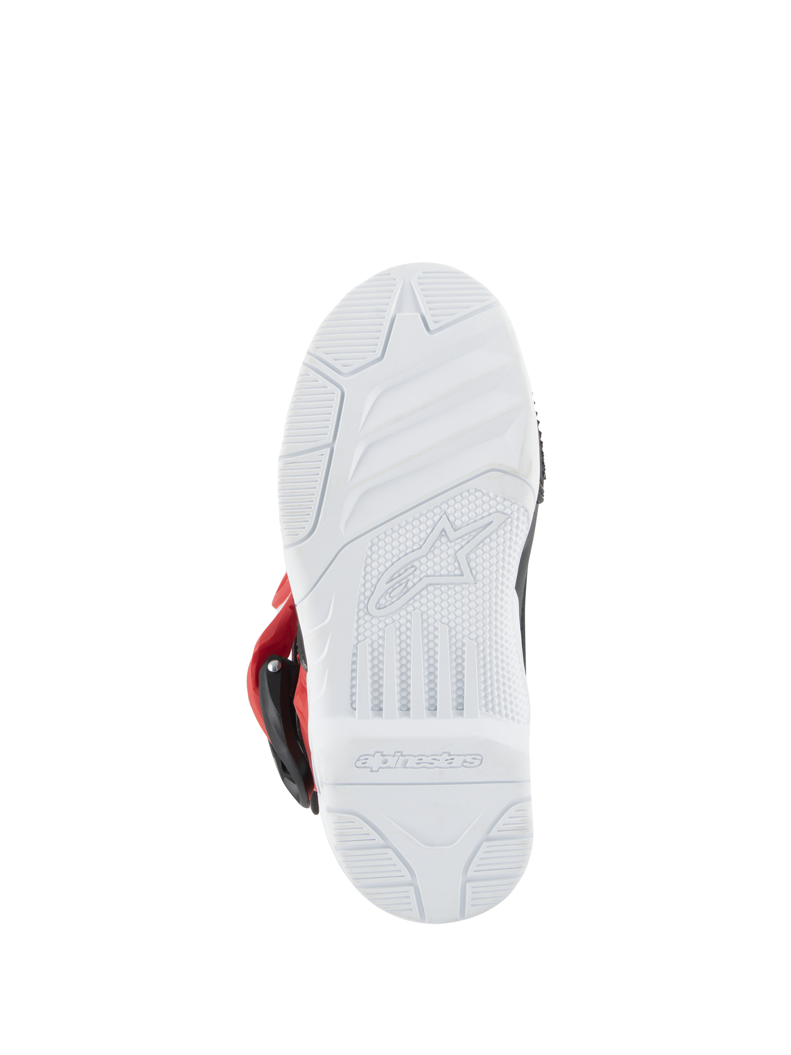 Alpinestars Kids Tech 3S Boots, Motocross Boots, White Black and Bright Red, bottom view of the white rubber sole featuring embossed Alpinestars logo and grip pattern for off-road racing