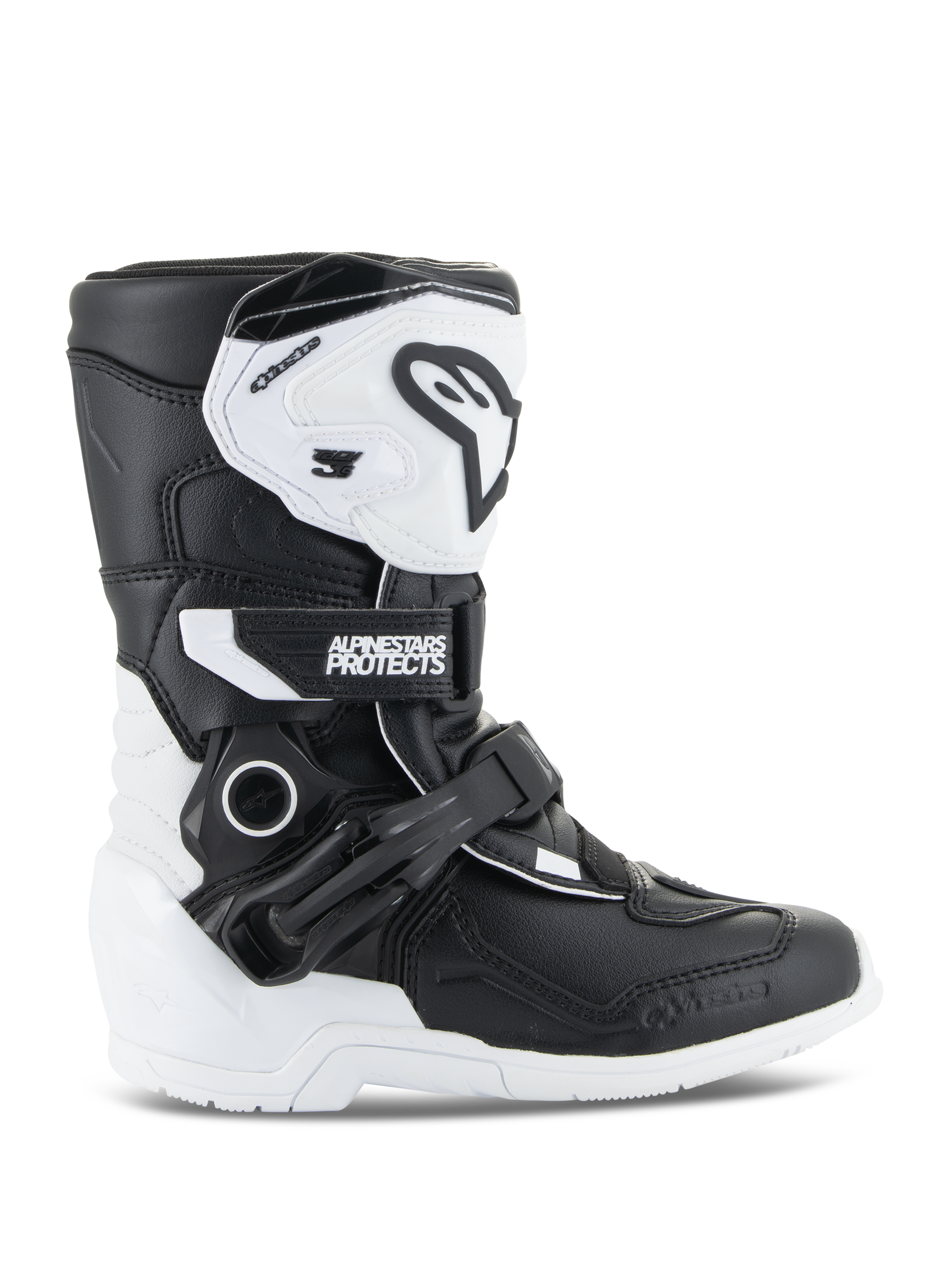 Alpinestars Kids Tech 3S Boots, Youth Motocross Boots, White and Black, lateral view showing high-top design, buckle and strap closure system, protective TPU shin plate and white sole, off-road motorcycle footwear for kids