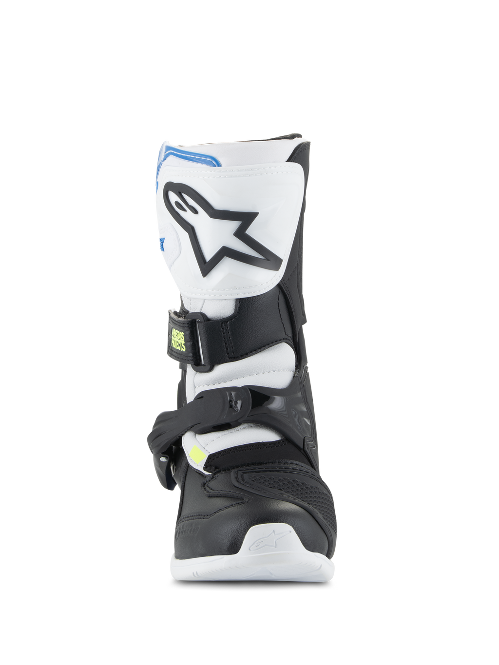 Alpinestars Kids Tech 3S Boots, Youth Motocross Boots, White Black and Enamel Blue, front profile showing TPU shin plate with star logo, black and white panels, and secure buckle closure system