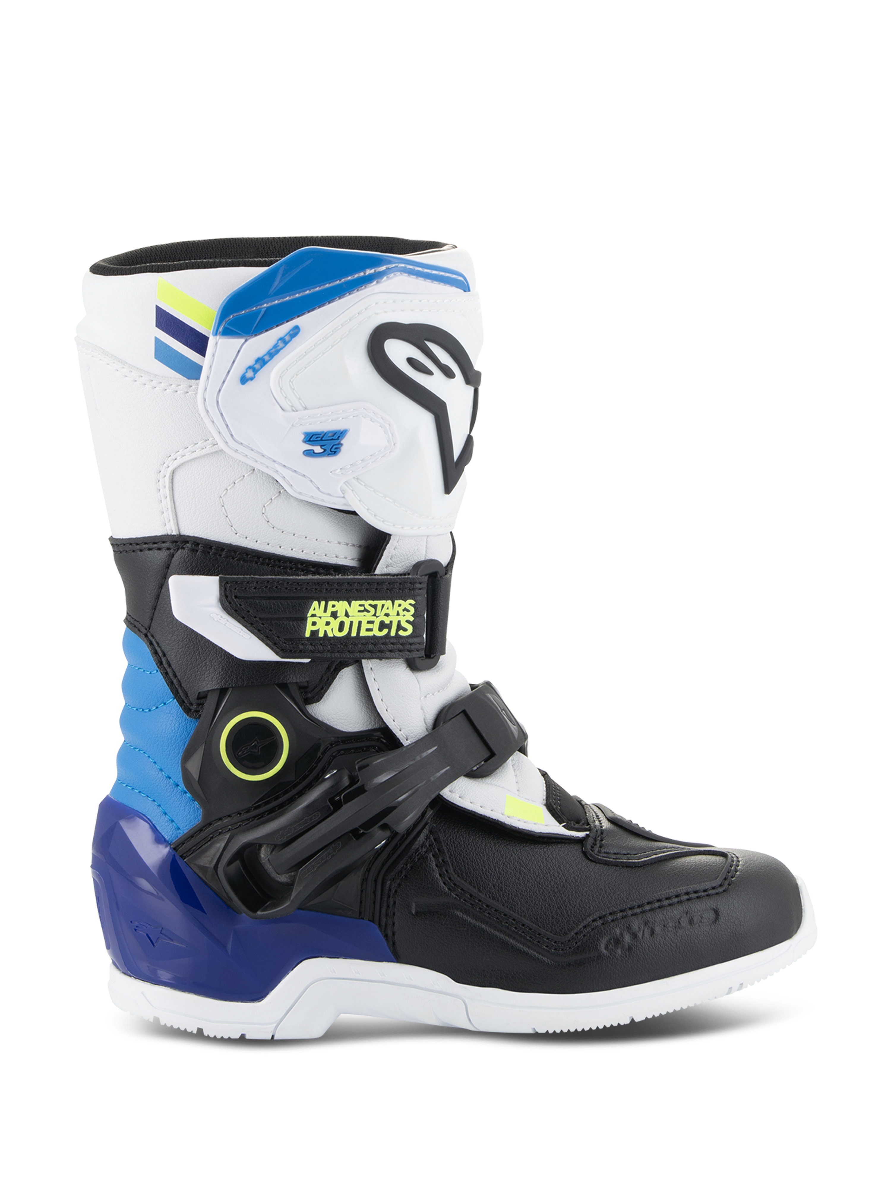 Alpinestars Kids Tech 3S Boots, Youth Motocross Boots, White and Black with Enamel Blue and Yellow accents, side view showing protective buckle straps and rugged sole, off-road racing footwear