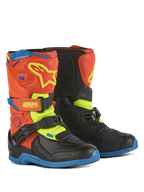 Alpinestars Kids Tech 3S Boots, Motocross Boots, Orange Fluo Enamel Blue and Yellow Fluo with black, featuring hook and loop closures, TPU shin plate, and durable rubber soles for youth off-road riding.