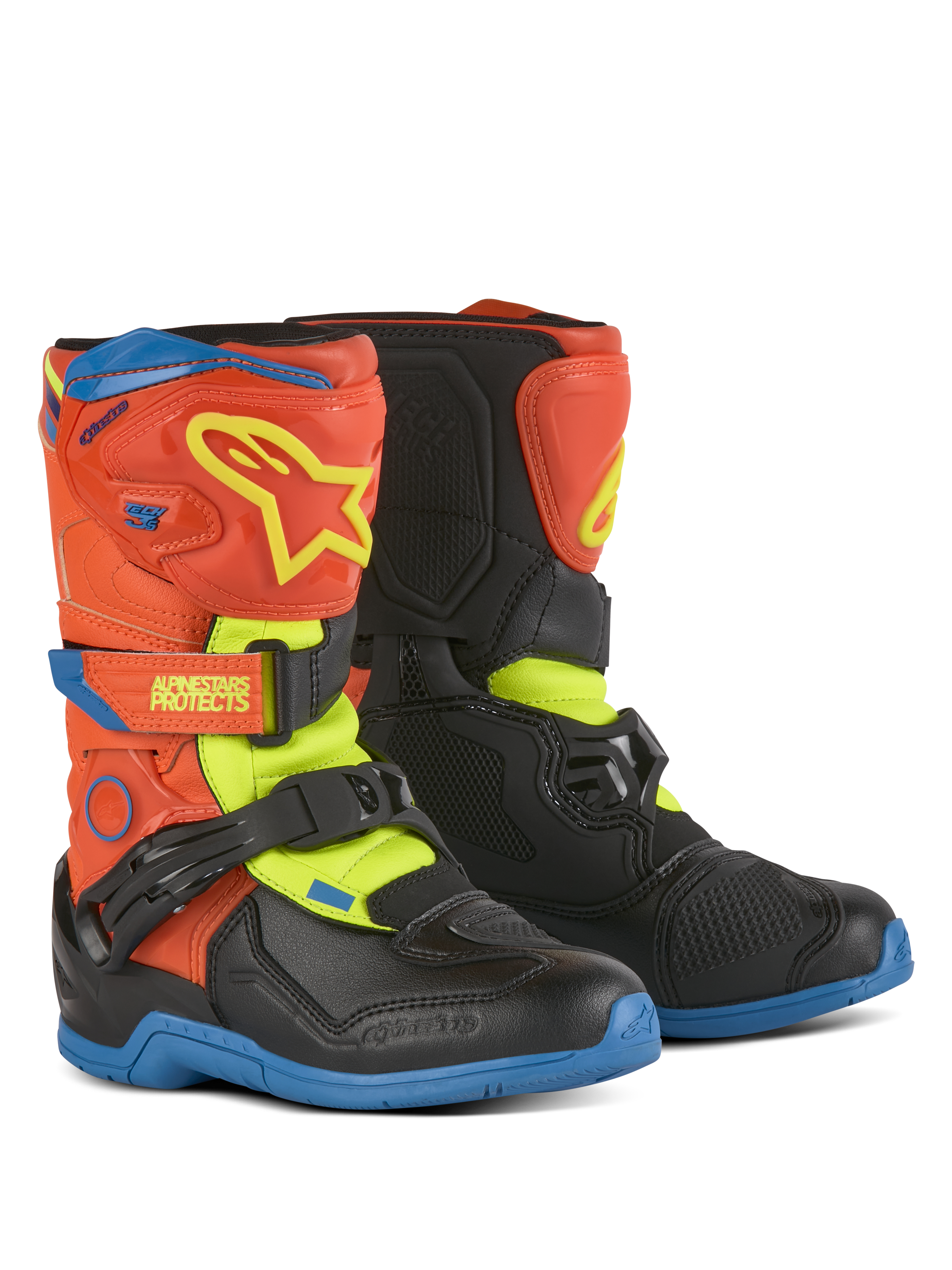Alpinestars Kids Tech 3S Boots, Motocross Boots, Orange Fluo Enamel Blue and Yellow Fluo with black, featuring hook and loop closures, TPU shin plate, and durable rubber soles for youth off-road riding.