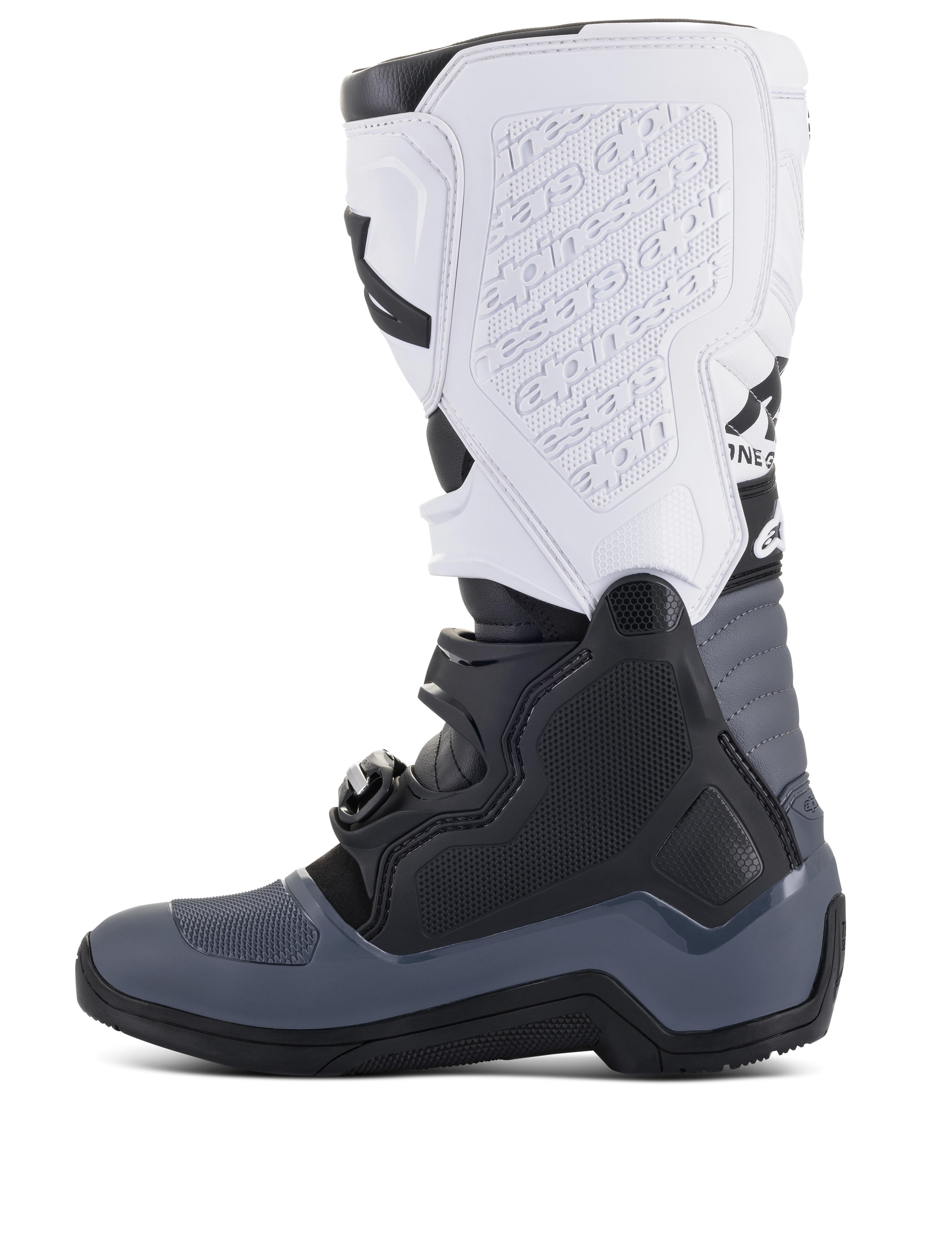 Alpinestars Tech 5 Boots, Motocross Boots, Black Dark Gray and White, side profile view featuring multiple buckle closures, embossed branding on the white shin plate, and durable construction for off-road performance