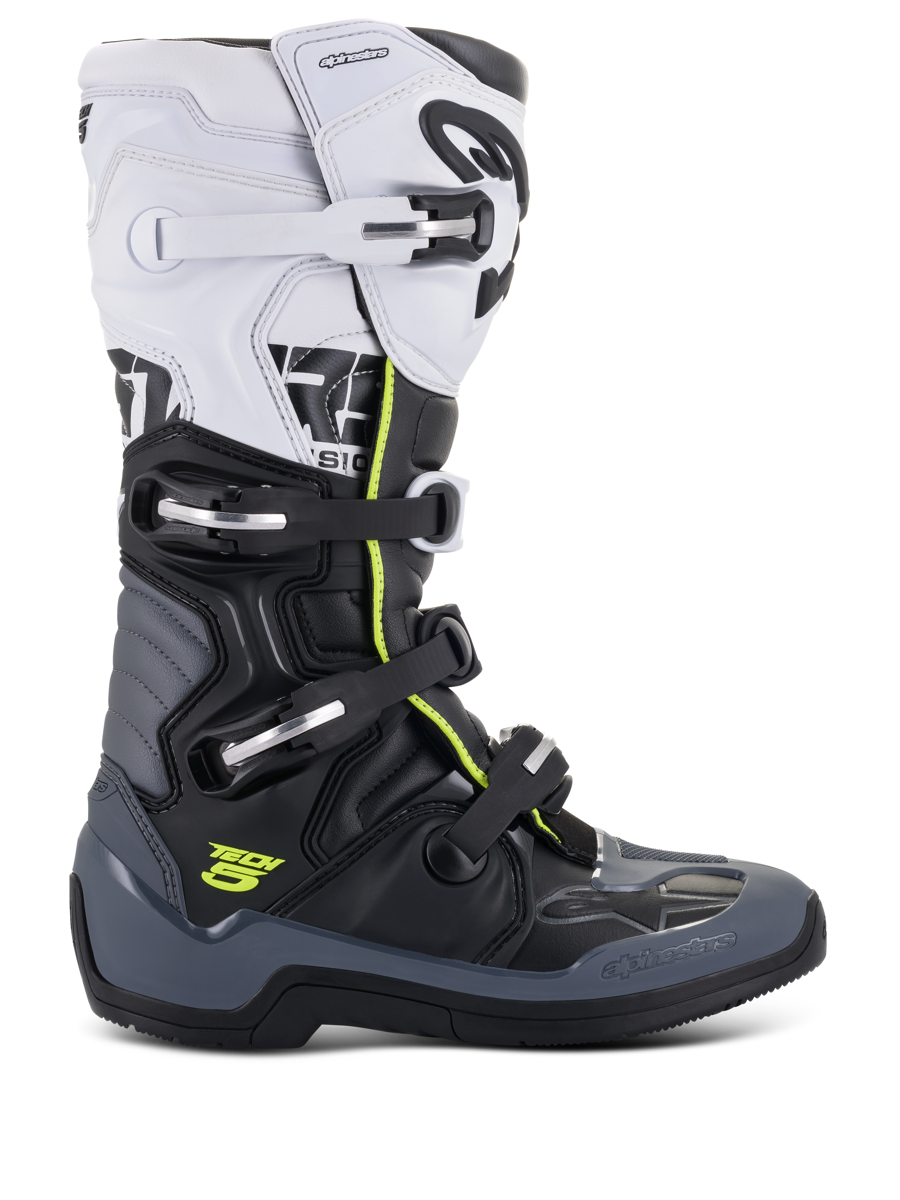 Alpinestars Tech 5 støvler, motocross racestøvler, hvid, sort og mørkegrå med fluorescerende gule detaljer, lukkesystem med fire spænder, forstærkede beskyttelsespaneler og biomekanisk drejesystem, førsteklasses mikrofiberkonstruktion til off-road kørsel