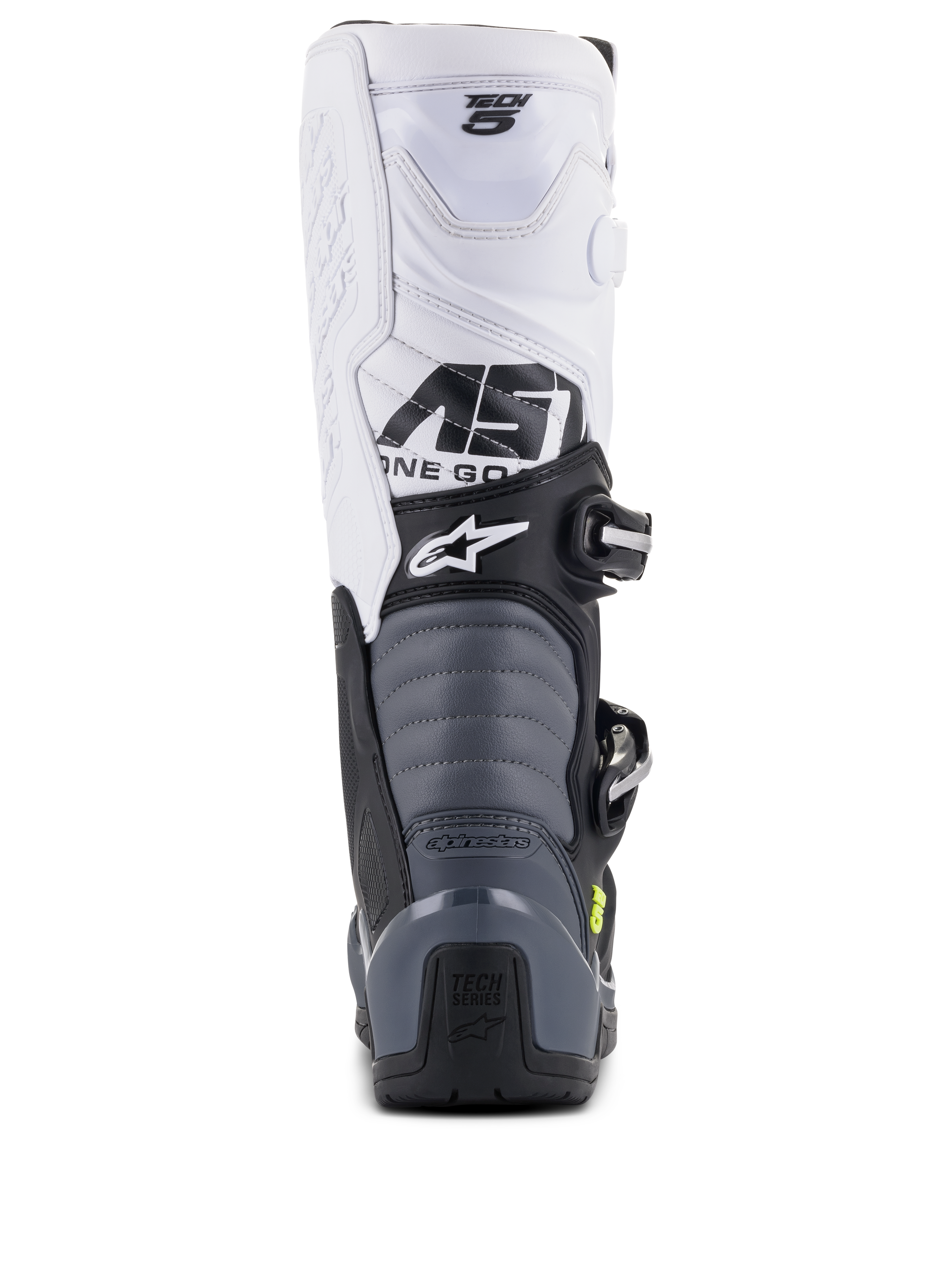 Alpinestars Tech 5 Boots, Motocross Boots, Black Dark Gray White, rear view showing white upper with Tech 5 branding, gray accordion flex zones, and black heel guard with Tech Series logo
