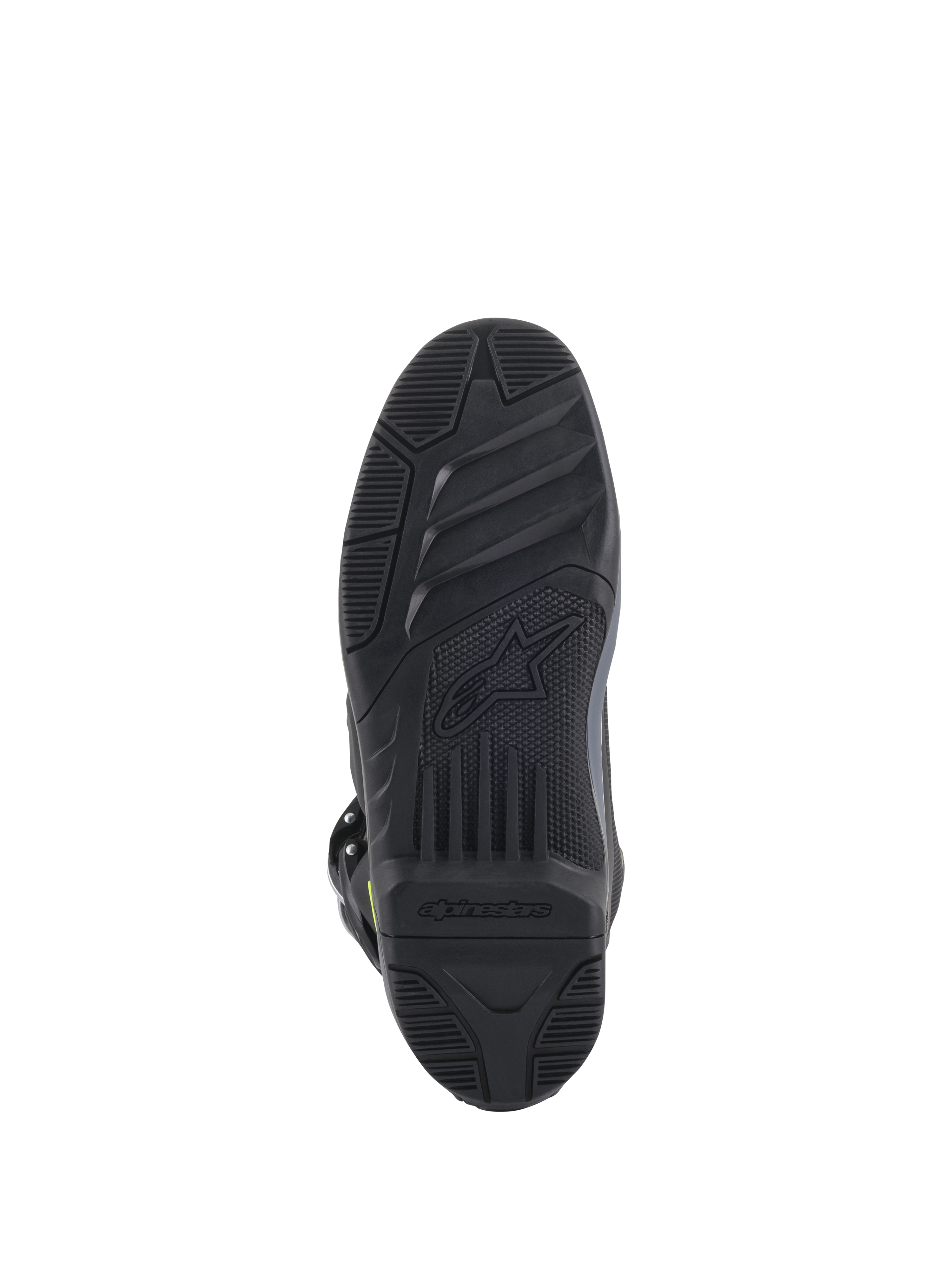 Alpinestars Tech 5 Boots, Sole View, Black, detailed textured tread pattern for off-road grip, featuring embossed Alpinestars logo and star symbol, durable motocross footwear construction
