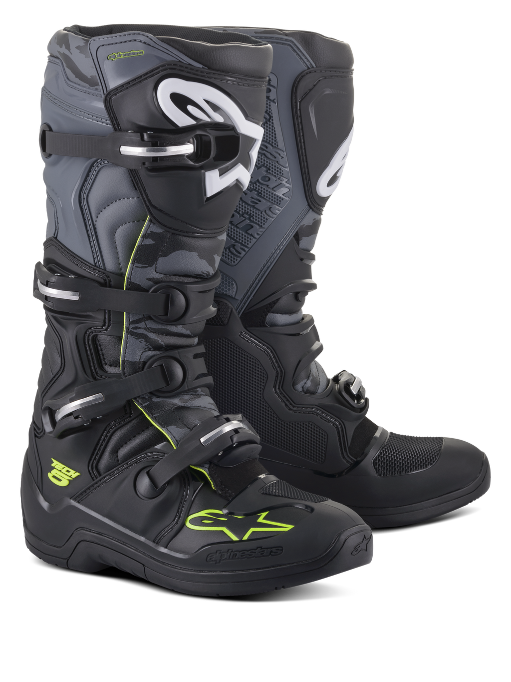 Alpinestars Tech 5 Boots, Motocross and Off-Road Boots, Black Cool Gray and Yellow Fluo, featuring a four-buckle closure system, white shin logos, and neon yellow accents, durable microfiber construction for off-road performance.