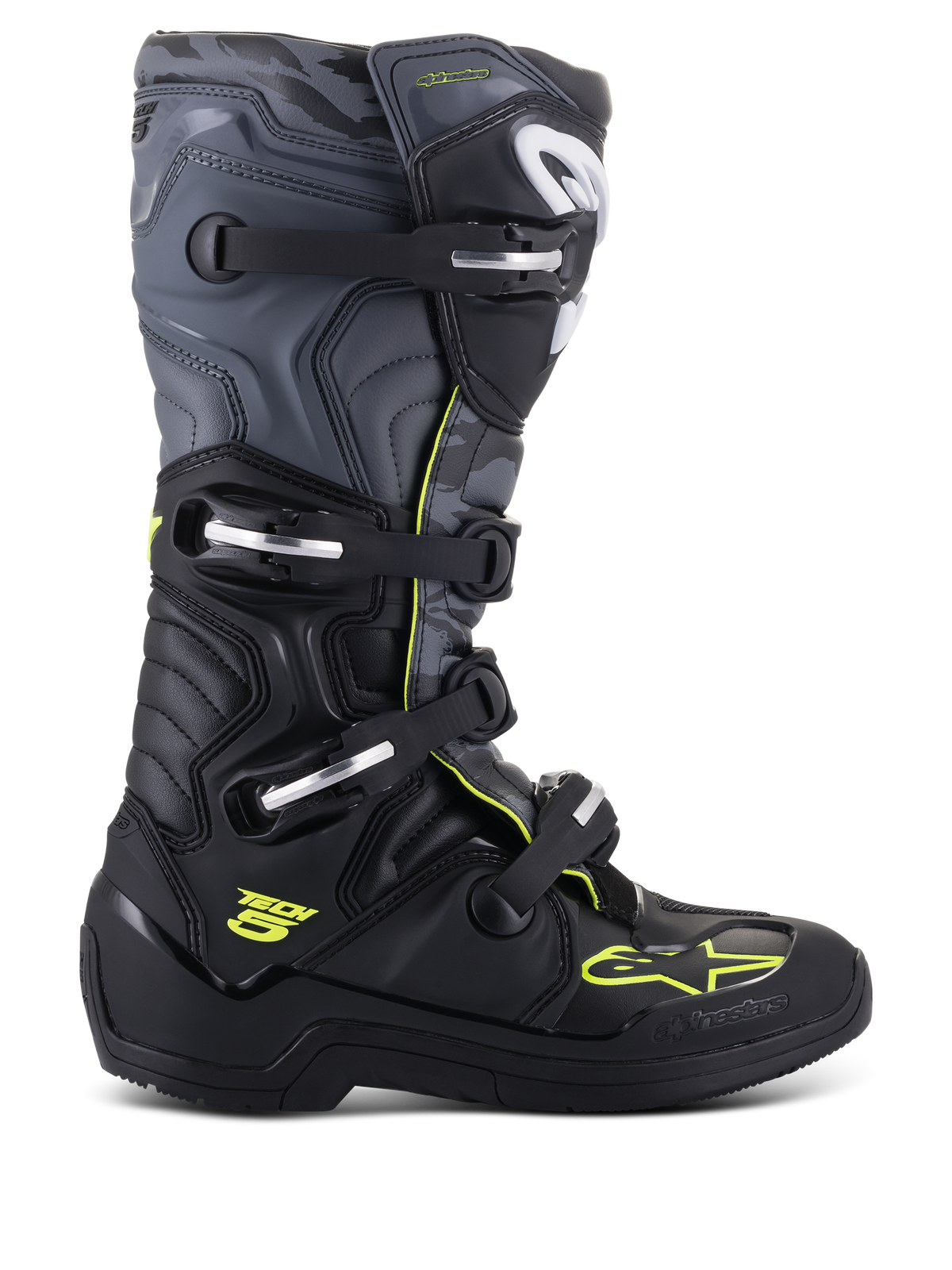 Alpinestars Tech 5 støvler, motocross off-road støvler, profilvisning fra siden, sort og grå med neongule detaljer, camouflage-mønster, justerbare spænder, robust beskyttende sål