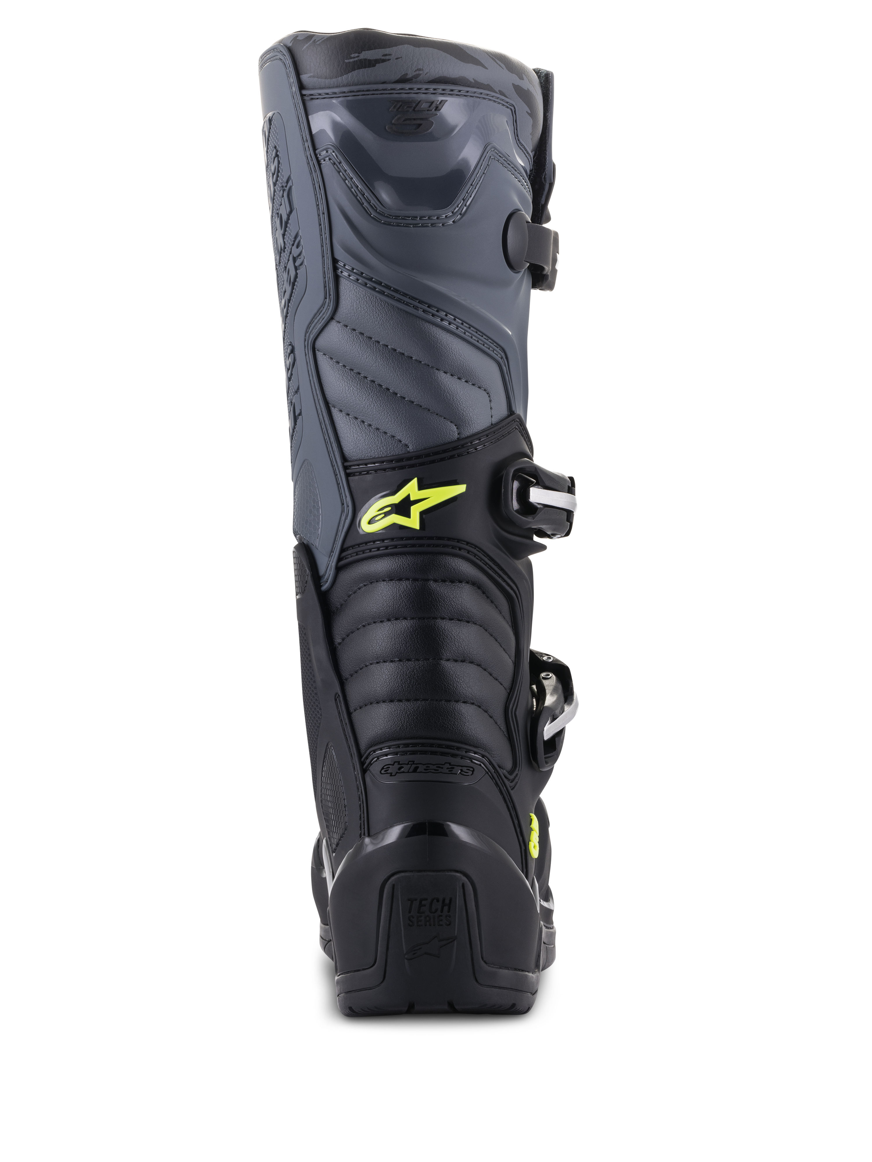 Alpinestars Tech 5 Boots, Motocross Boots, Black Cool Gray and Yellow Fluo, rear view showing accordion flex zones and heel protection, featuring yellow Astars logo and embossed Tech Series branding, durable multi-material construction for off-road performance