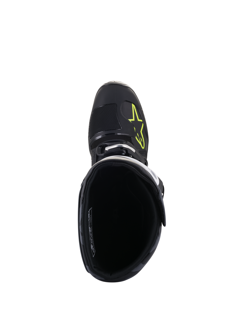 Alpinestars Tech 5 Boots, top-down view, Black with Yellow Fluo logo on the toe box, showing the interior lining and buckle closure, high-performance motocross and off-road footwear