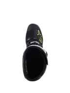 Alpinestars Tech 5 Boots, top-down view, Black with Yellow Fluo logo on the toe box, showing the interior lining and buckle closure, high-performance motocross and off-road footwear