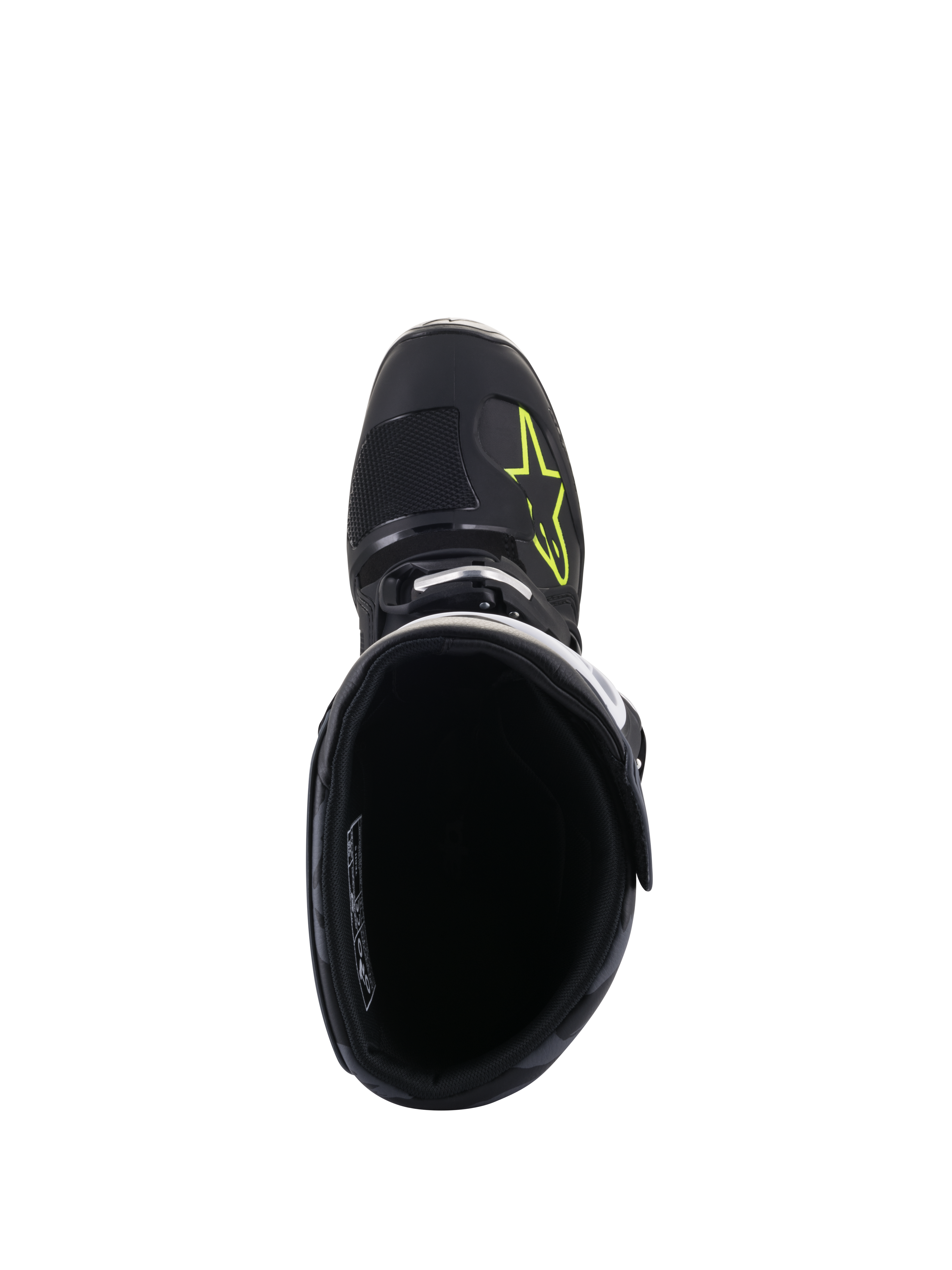 Alpinestars Tech 5 Boots, top-down view, Black with Yellow Fluo logo on the toe box, showing the interior lining and buckle closure, high-performance motocross and off-road footwear