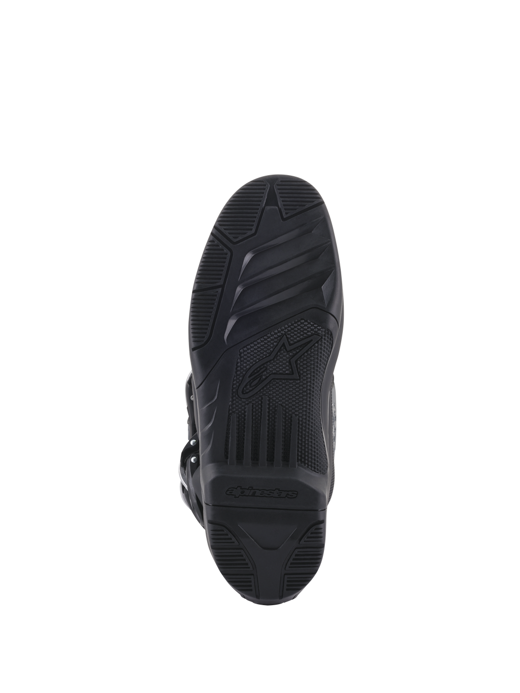 Alpinestars Tech 5 Boots, bottom view of sole, black rubber with textured grip patterns, featuring Alpinestars star logo and branding, durable design for motocross and off-road traction