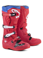 Alpinestars Tech 5 Boots, Motocross Boots, Bright Red and Alpine Blue, featuring four white adjustable buckles, white Alpinestars logo on the shin and toe, blue top collar, and black protective panels, designed for off-road performance and durability