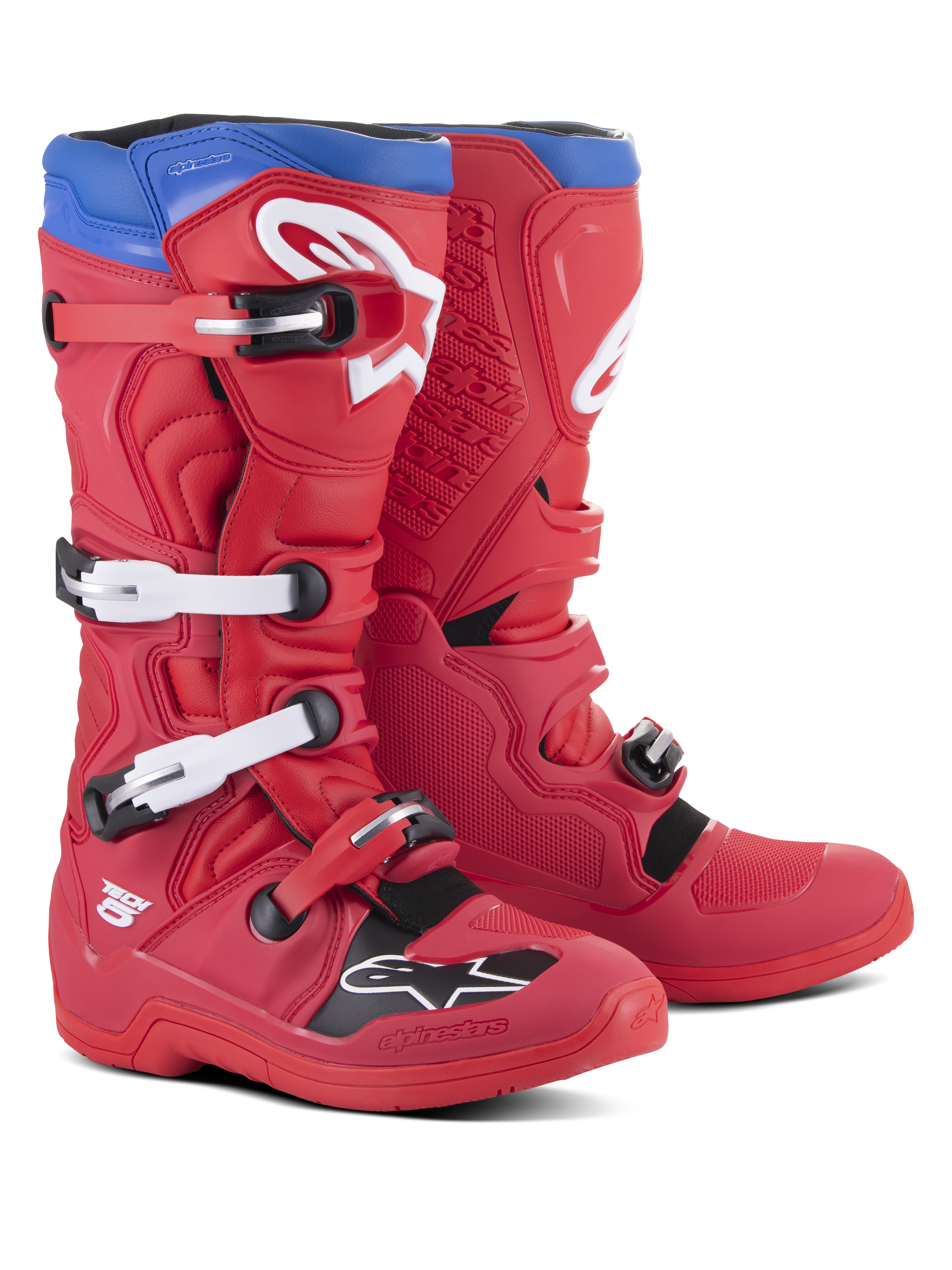 Alpinestars Tech 5 Boots, Motocross Boots, Bright Red and Alpine Blue, featuring four white adjustable buckles, white Alpinestars logo on the shin and toe, blue top collar, and black protective panels, designed for off-road performance and durability