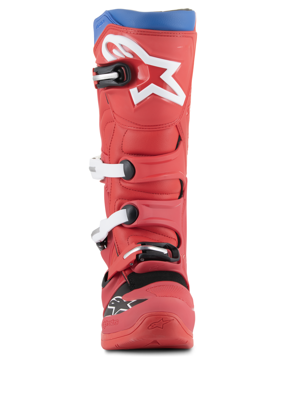 Alpinestars Tech 5 Boots, Motocross Boots, Bright Red and Alpine Blue, front view featuring large white star logo on the shin, multi-buckle closure system, and rugged microfiber design for off-road performance