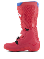 Alpinestars Tech 5 Boots, Motocross Boots, Bright Red and Dark Red with Alpine Blue accents, side view showing multi-panel construction, protective polymer plates, white logos, and buckle system for off-road riding.