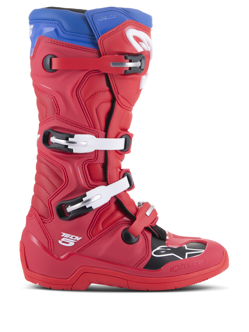 Alpinestars Tech 5 Boots, Motocross Racing Boots, Bright Red and Alpine Blue, side profile with four-buckle closure system, reinforced toe box with black panel and white logo, durable microfiber chassis for off-road protection