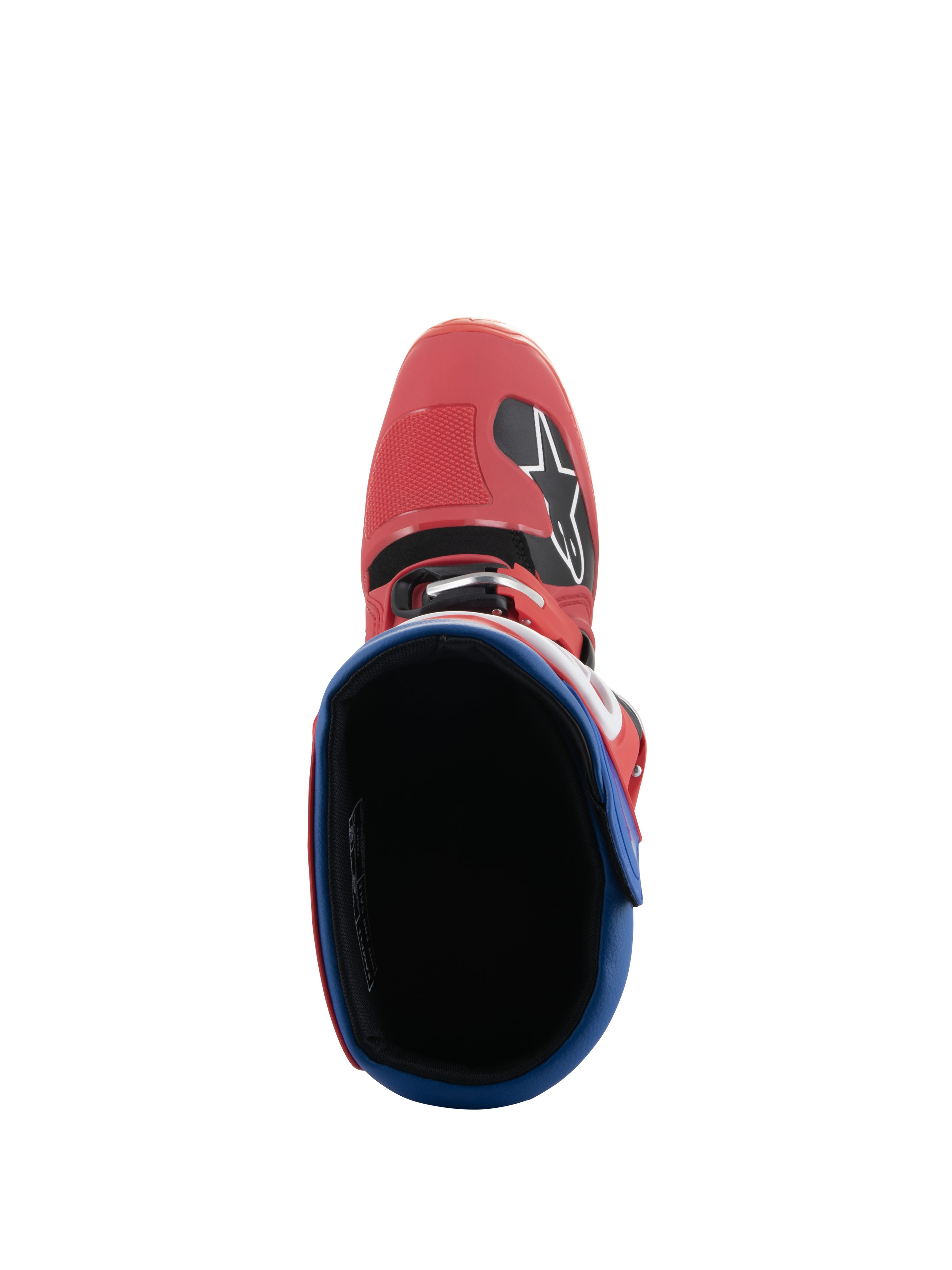 Alpinestars Tech 5 Boots, Motocross Boots, Bright Red and Alpine Blue, top-down view looking into the boot interior, red microfiber toe box with Alpinestars logo, blue padded collar, durable off-road racing design