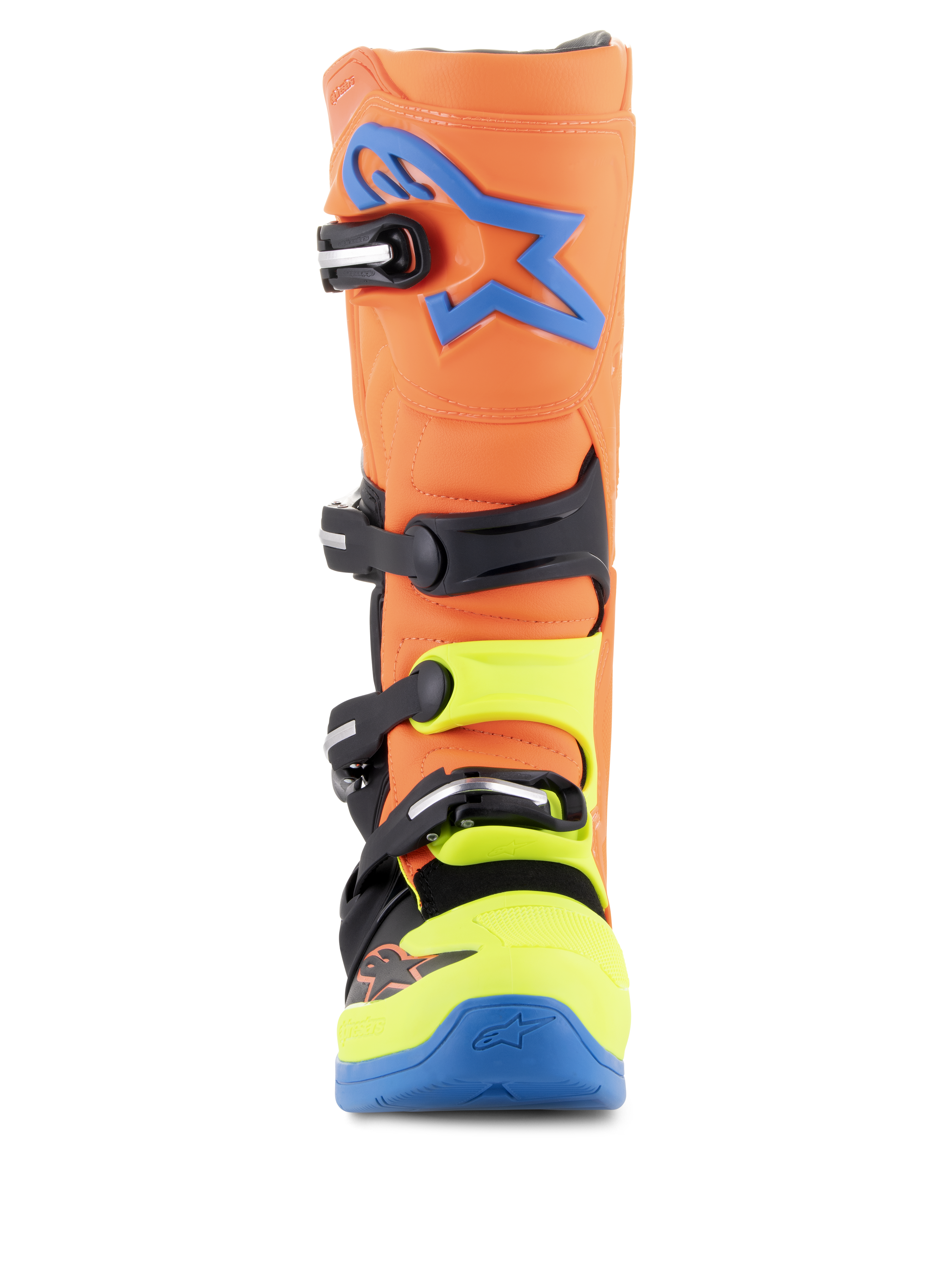 Alpinestars Tech 5 Boots, Motocross Boots, Orange Fluo, Enamel Blue, and Yellow Fluo, front view showing the four-buckle closure system, blue Alpinestars logo on the shin, and neon yellow accents on the toe and buckles.