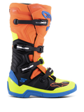 Alpinestars Tech 5 Boots, Motocross Racing Boots, Orange Fluo, Enamel Blue, and Yellow Fluo with Black, featuring a four-buckle system, microfiber construction with biomechanical pivot, and a reinforced blue sole.