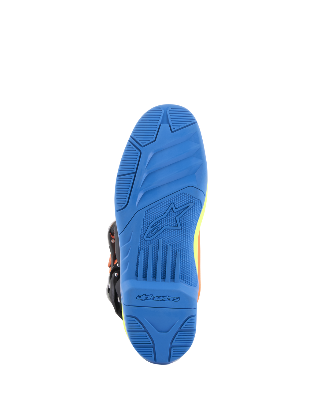 Alpinestars Tech 5 Boots, Motocross Boots, Orange Fluo Enamel Blue and Yellow Fluo, detailed bottom view of the blue dual-compound sole featuring textured grip and Alpinestars branding