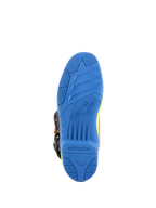 Alpinestars Tech 5 Boots, Motocross Boots, Orange Fluo Enamel Blue and Yellow Fluo, detailed bottom view of the blue dual-compound sole featuring textured grip and Alpinestars branding