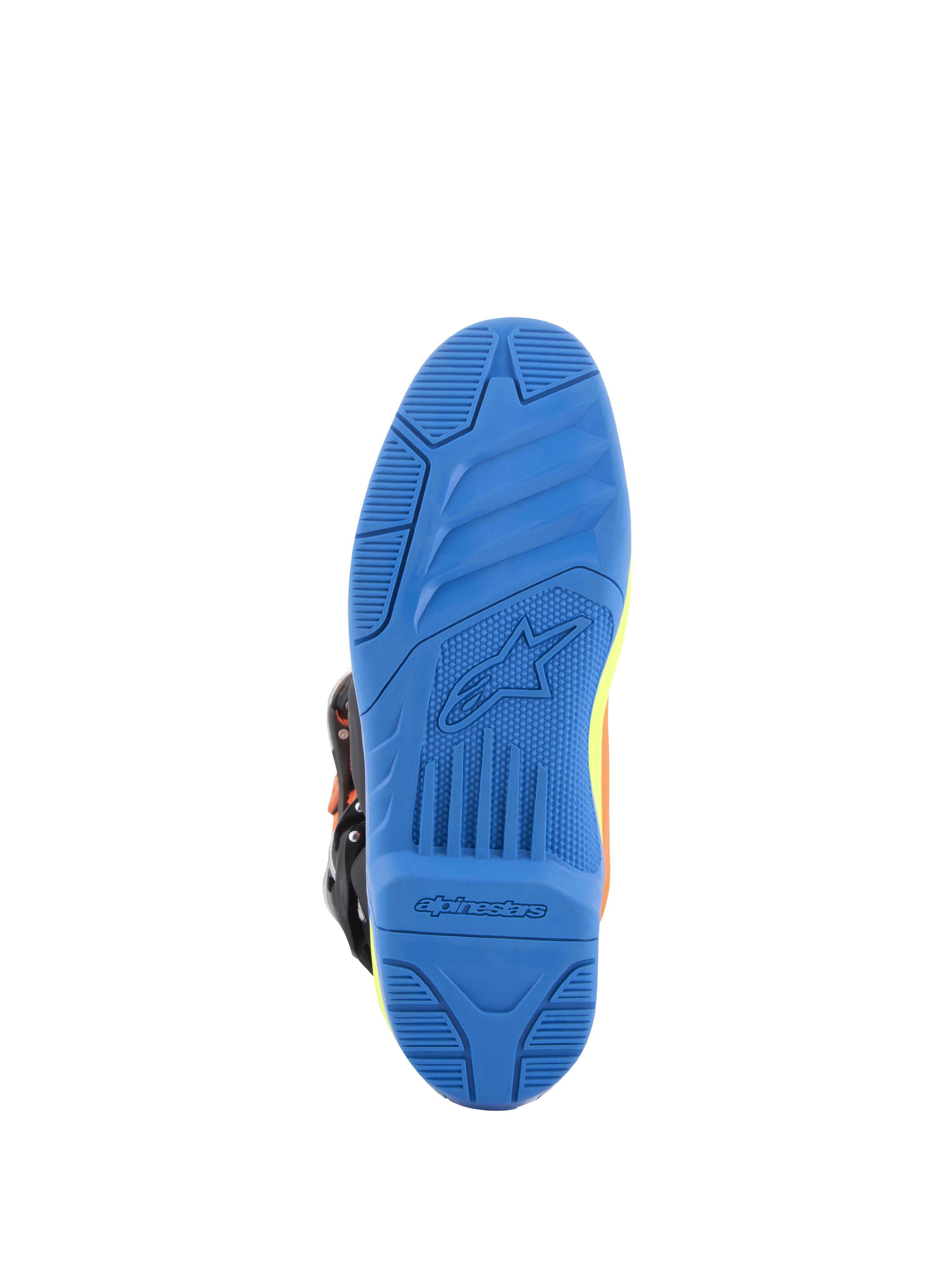 Alpinestars Tech 5 Boots, Motocross Boots, Orange Fluo Enamel Blue and Yellow Fluo, detailed bottom view of the blue dual-compound sole featuring textured grip and Alpinestars branding