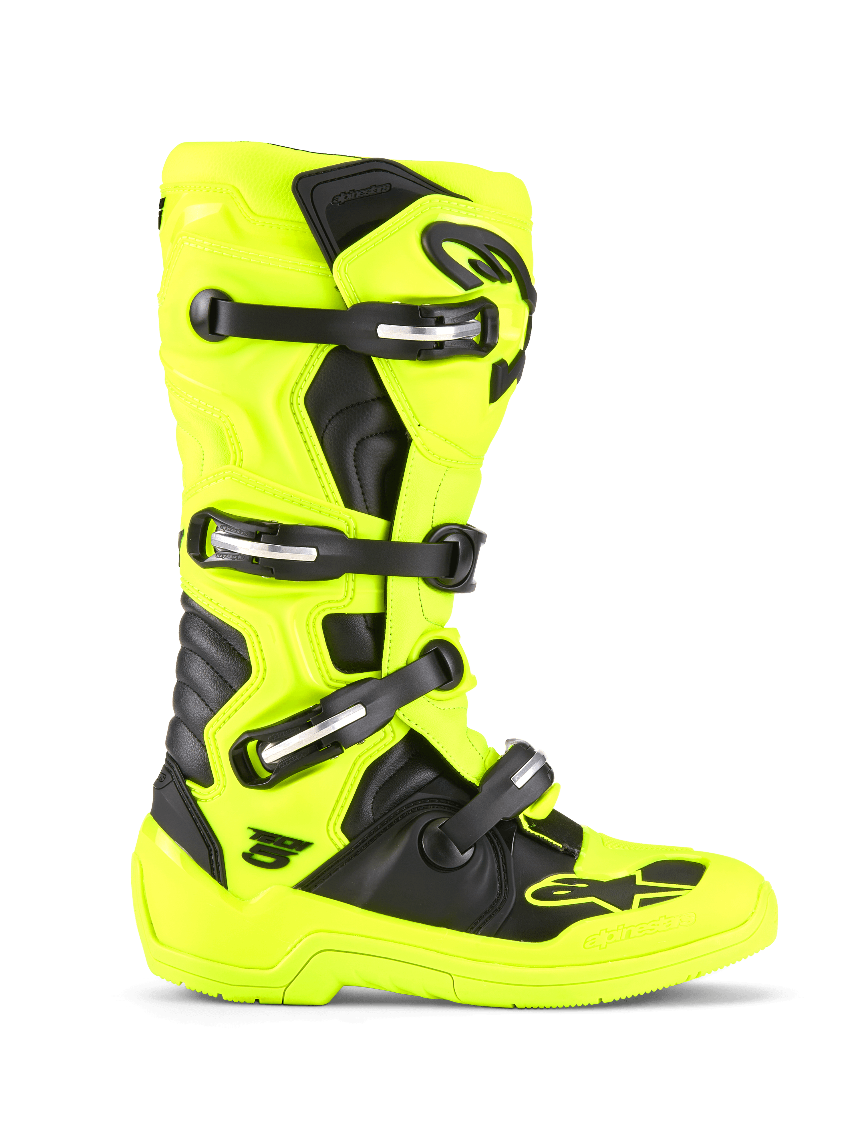 Alpinestars Tech 5 støvler, motocross- og off-road-støvler, neon-gul og sort, lukkesystem med fire spænder, beskyttende TPU-skal, biomekanisk drejesystem, holdbar sål til racing