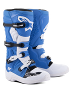 Alpinestars Tech 5 støvler, motocross- og off-road støvler, blå og hvid, multi-materiale konstruktion med fire sort-hvide spænder, hvid skinnebensplade med stort Astars-logo og holdbar hvid sål
