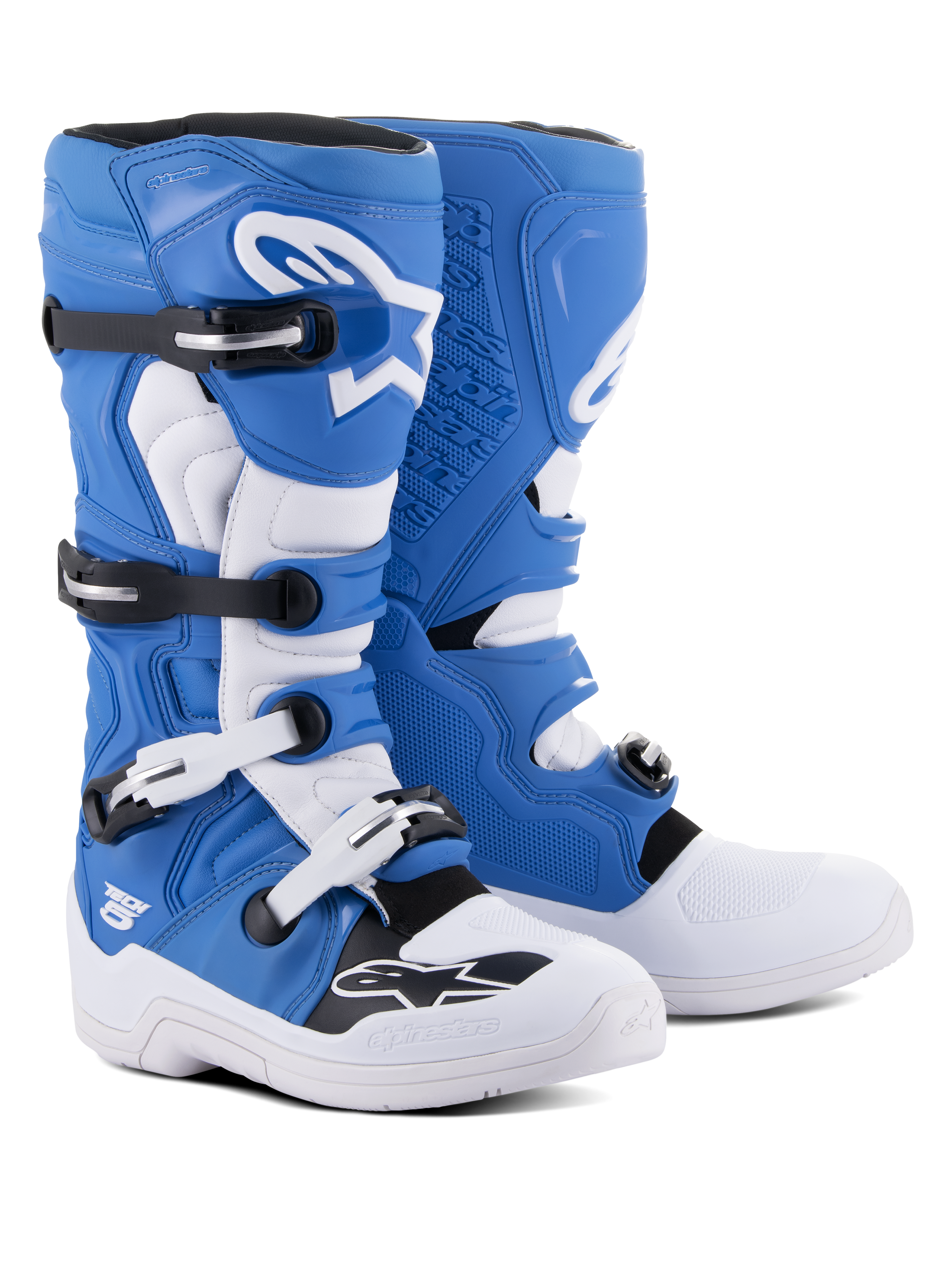 Alpinestars Tech 5 støvler, motocross- og off-road støvler, blå og hvid, multi-materiale konstruktion med fire sort-hvide spænder, hvid skinnebensplade med stort Astars-logo og holdbar hvid sål