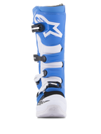 Alpinestars Tech 5 støvler, motocross-støvler, blå og hvid, set forfra, med et fire-spændes lukkesystem, hvidt Alpinestars stjernelogo på den blå skinnebensplade og slidstærkt mikrofiberchassis med forstærket hvid tå.