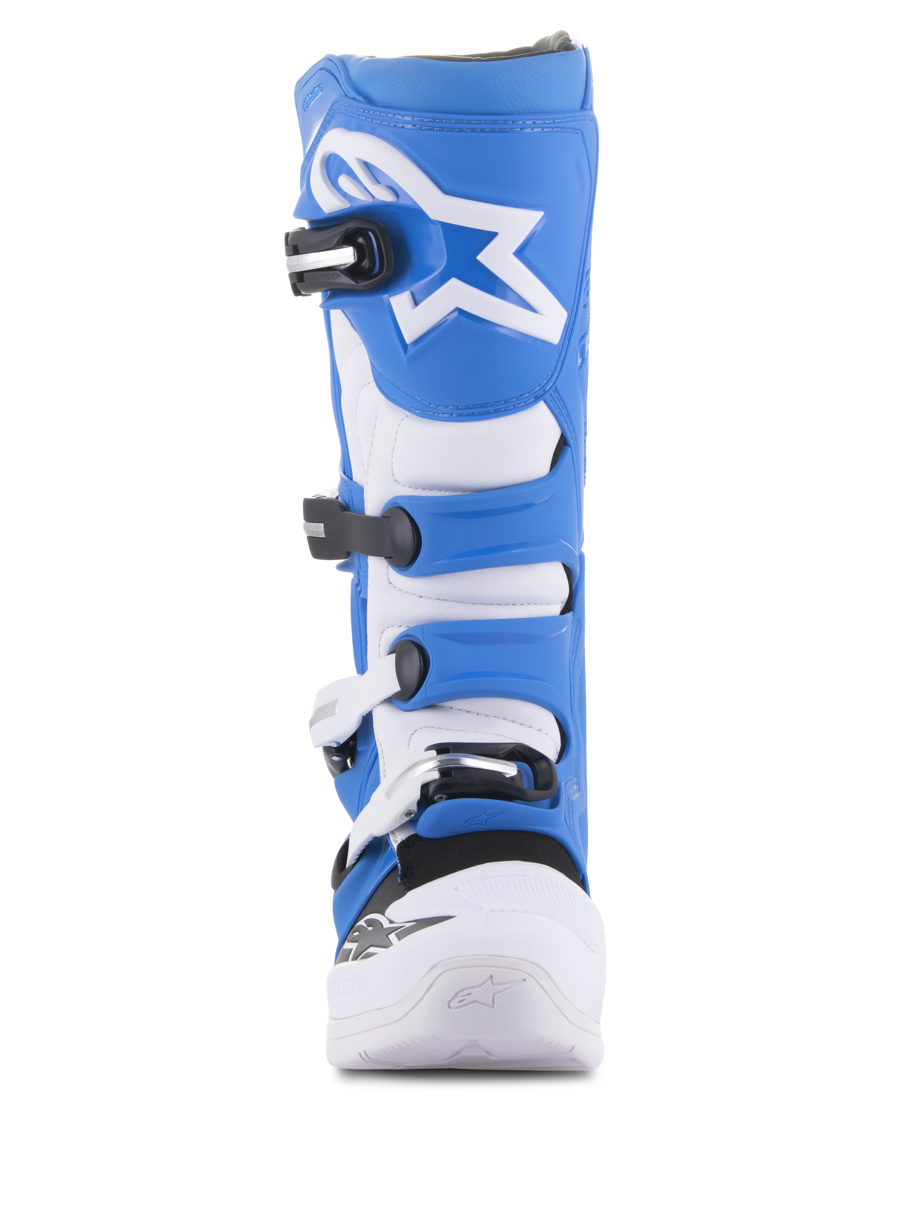 Alpinestars Tech 5 støvler, motocross-støvler, blå og hvid, set forfra, med et fire-spændes lukkesystem, hvidt Alpinestars stjernelogo på den blå skinnebensplade og slidstærkt mikrofiberchassis med forstærket hvid tå.