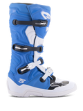 Alpinestars Tech 5 støvler, motocross-støvler, blå og hvid med sorte detaljer, højskaftet off-road racingdesign, fire justerbare spænder, forstærket skinnebensbeskytter, Alpinestars stjerne-logo på tåen, holdbar konstruktion til motocross-performance
