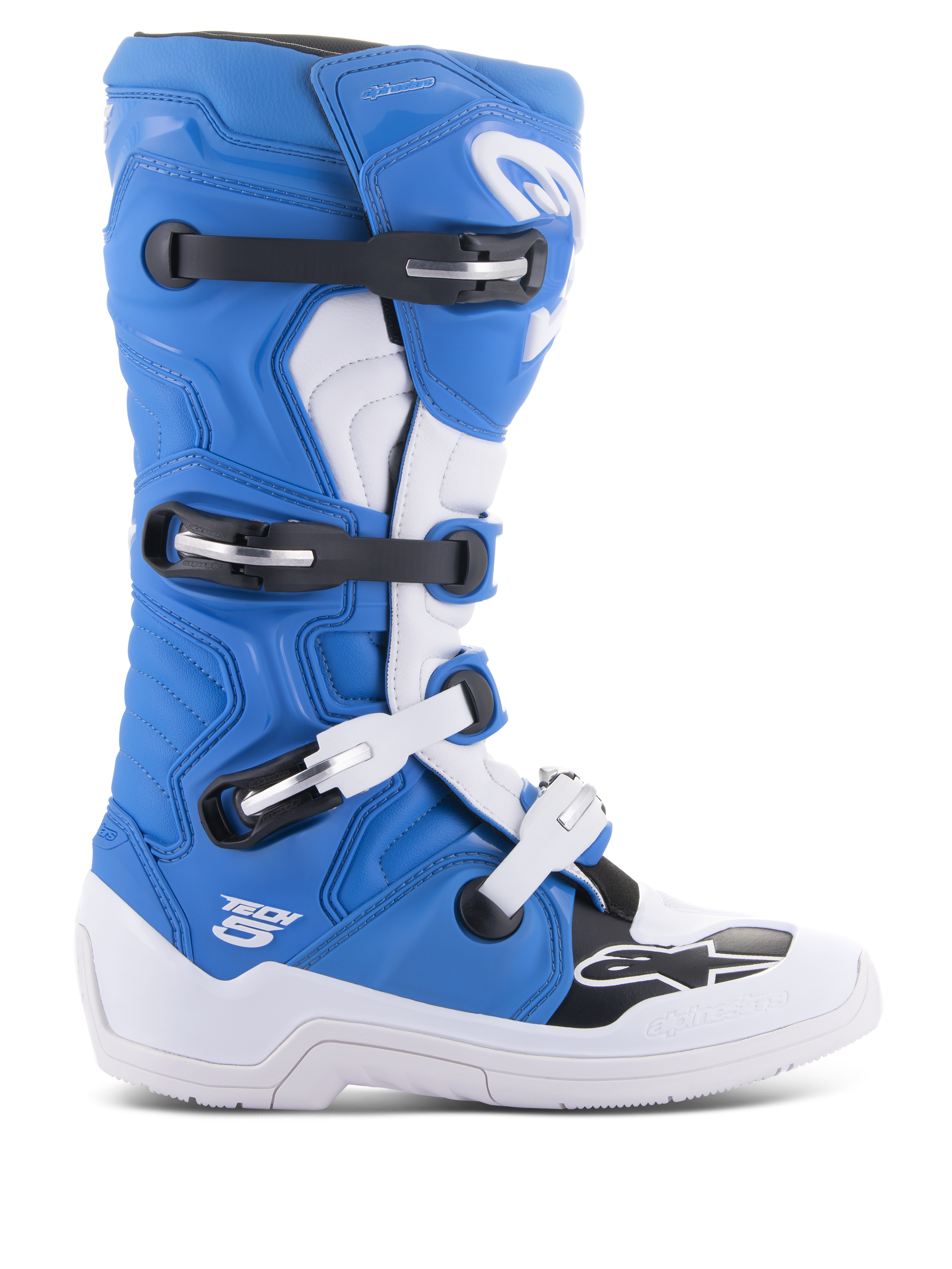 Alpinestars Tech 5 støvler, motocross-støvler, blå og hvid med sorte detaljer, højskaftet off-road racingdesign, fire justerbare spænder, forstærket skinnebensbeskytter, Alpinestars stjerne-logo på tåen, holdbar konstruktion til motocross-performance