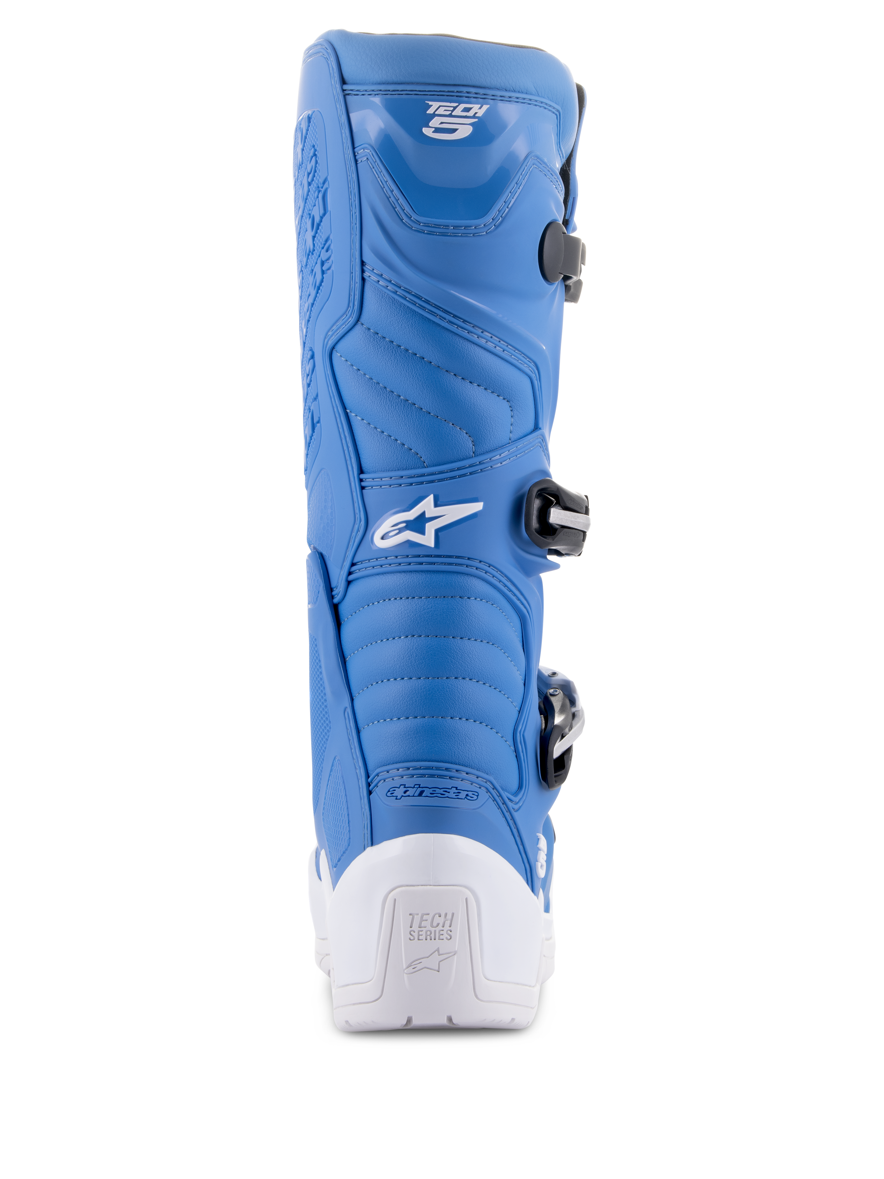 Alpinestars Tech 5 støvler, blå og hvid, set bagfra med hvid beskyttende hæl og Tech Series-logo, blå mikrofiber-overdel med harmonikaflexzoner og sort spændesystem, performance motocross-fodtøj