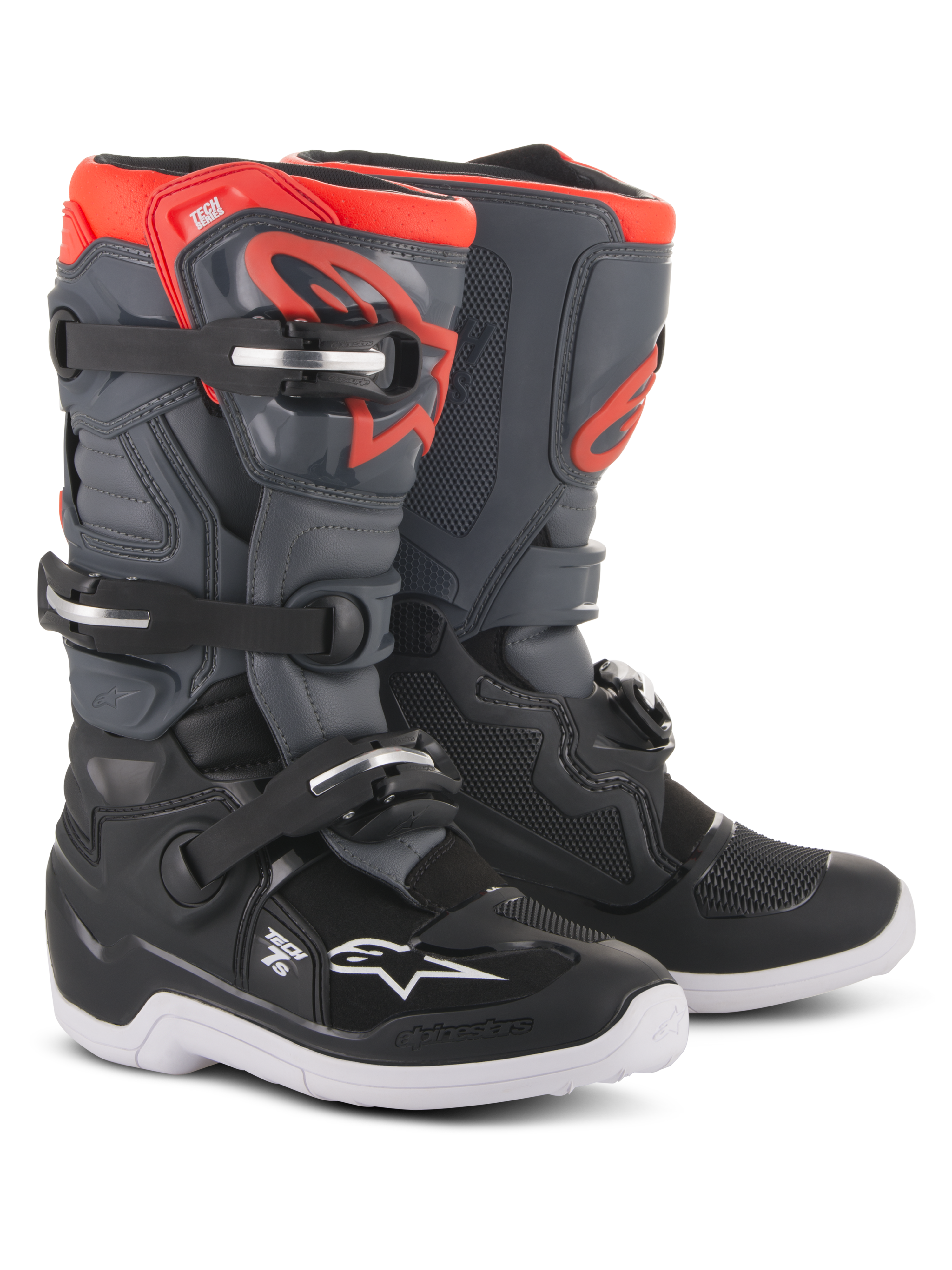 Alpinestars Youth Tech 7S Boots, Motocross Boots, Black Dark Gray and Red Fluorescent, featuring a four-buckle closure system, protective TPU shin plate, white outer sole, and red Alpinestars logo, designed for youth off-road riders.