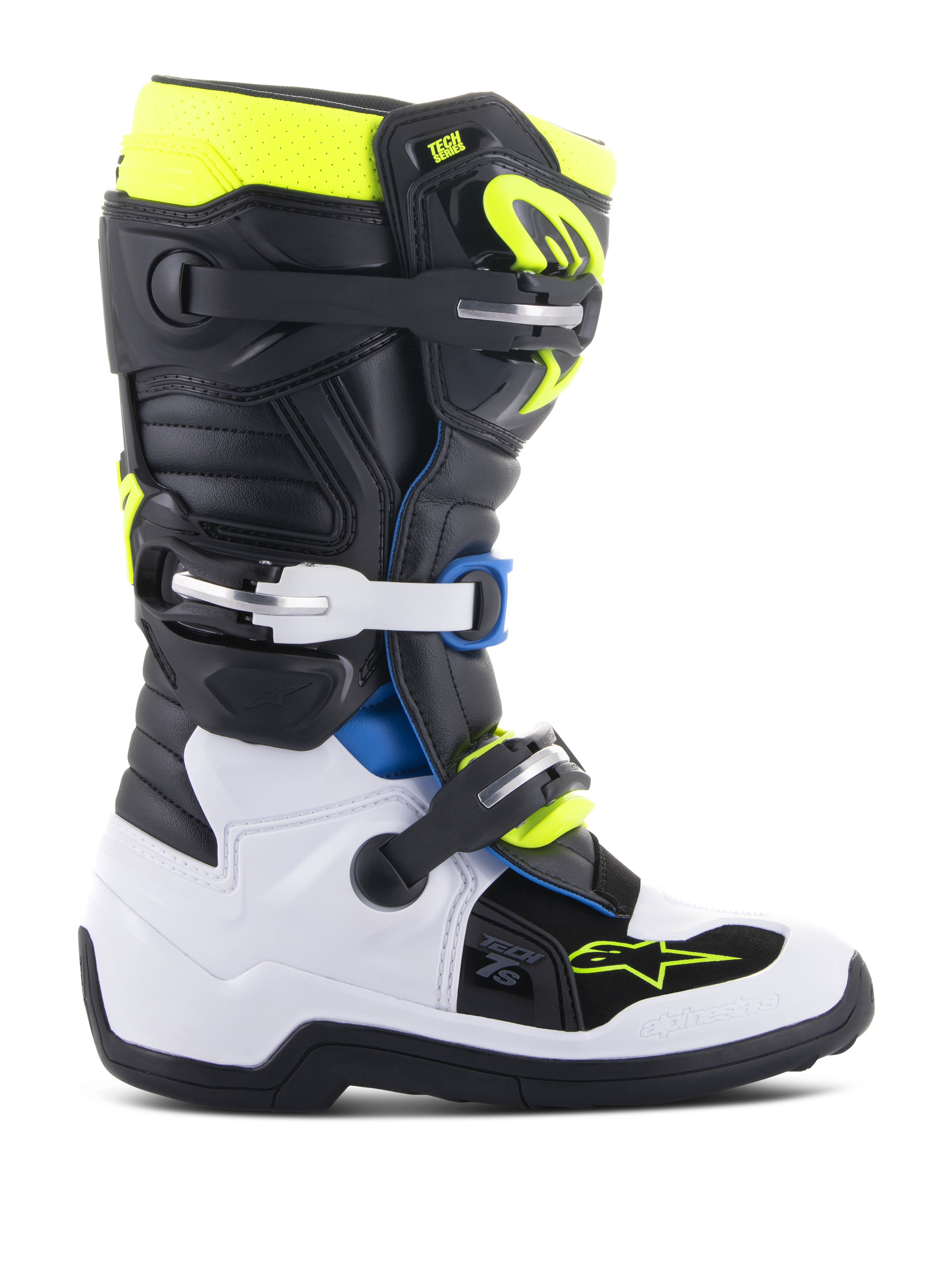 Alpinestars Youth Tech 7S støvler, motocross-støvler til unge ryttere, sort, hvid og gul fluo med blå detaljer, justerbart spændesystem, forstærkede beskyttelsespaneler, sål med høj trækkraft til off-road racing