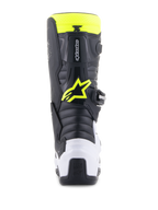 Alpinestars Youth Tech 7S Boots, Motocross Boots, Black, White and Yellow Fluo, rear view featuring a white heel protector and neon yellow Alpinestars logo, durable off-road racing footwear for junior riders