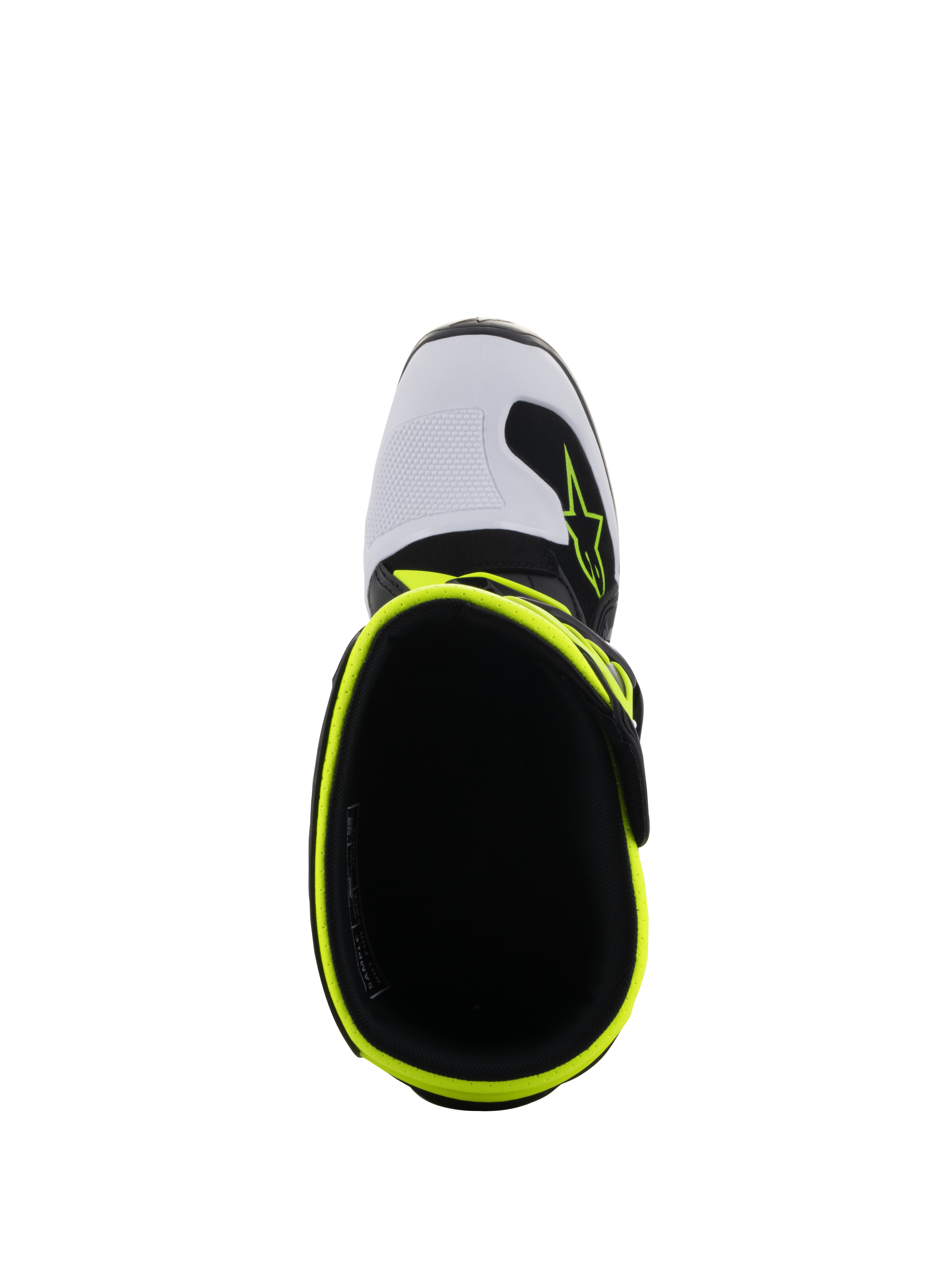 Alpinestars Youth Tech 7S Boots, Motocross Boots, Black White and Yellow Fluo, top-down view showing the interior opening and fluorescent yellow rim, white toe box with Alpinestars logo, high-performance youth protective footwear